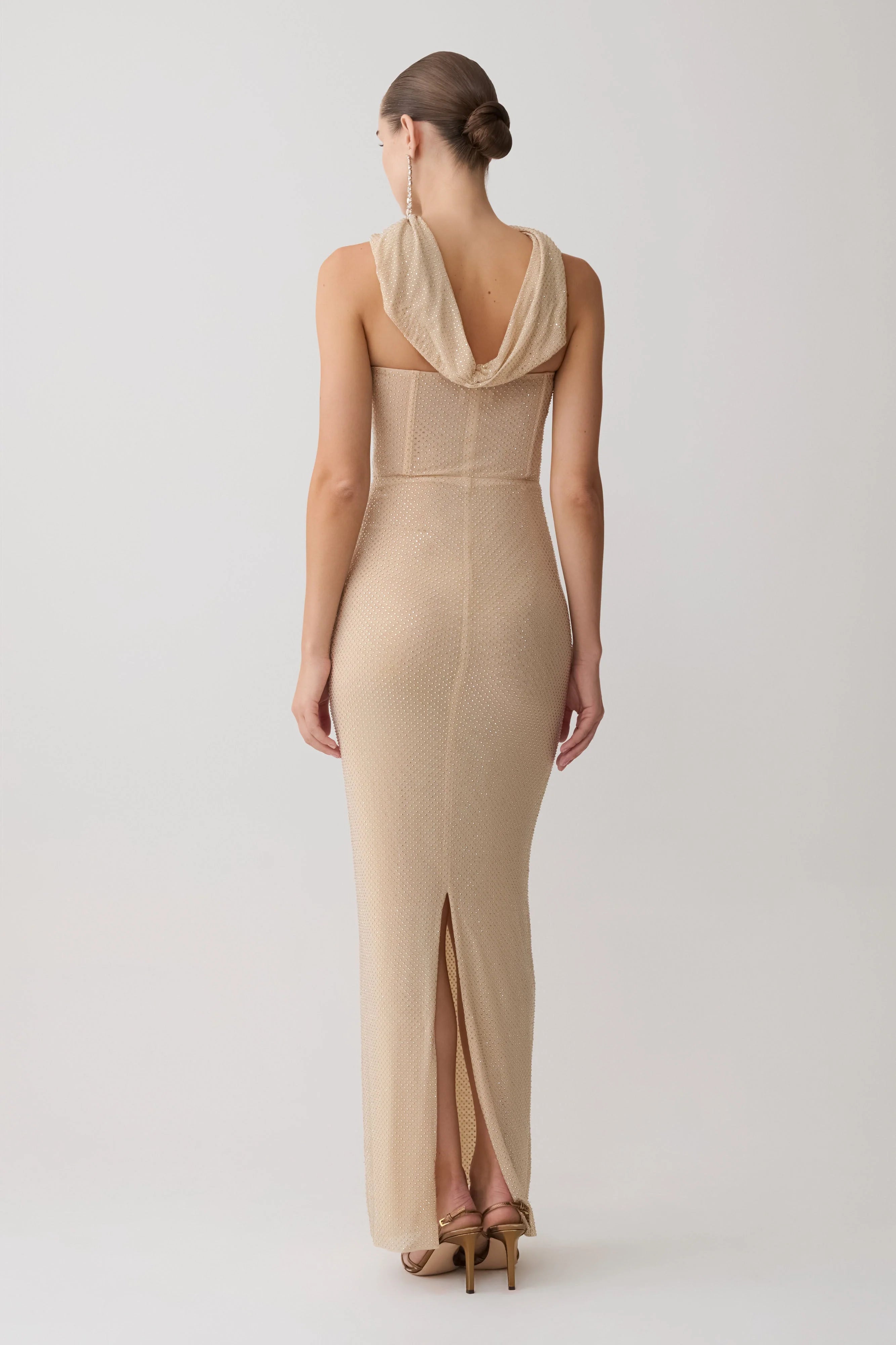 Phi Multi Wear Cowl Diamante Maxi Dress Gold