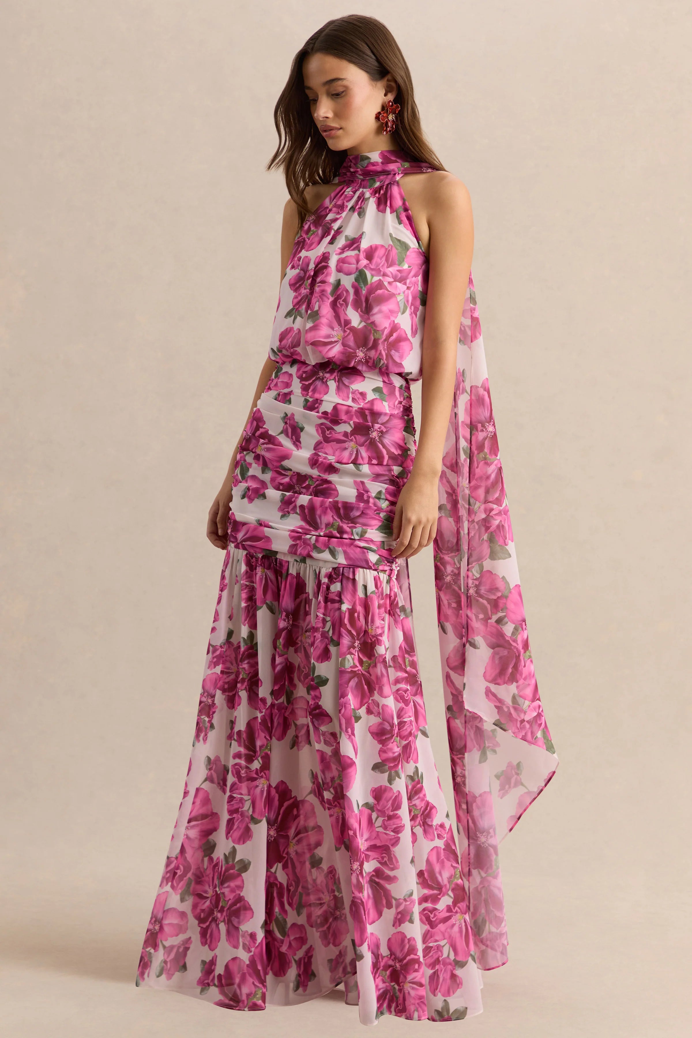 Veronique Pink Hibiscus Floral Halter Neck Maxi Dress