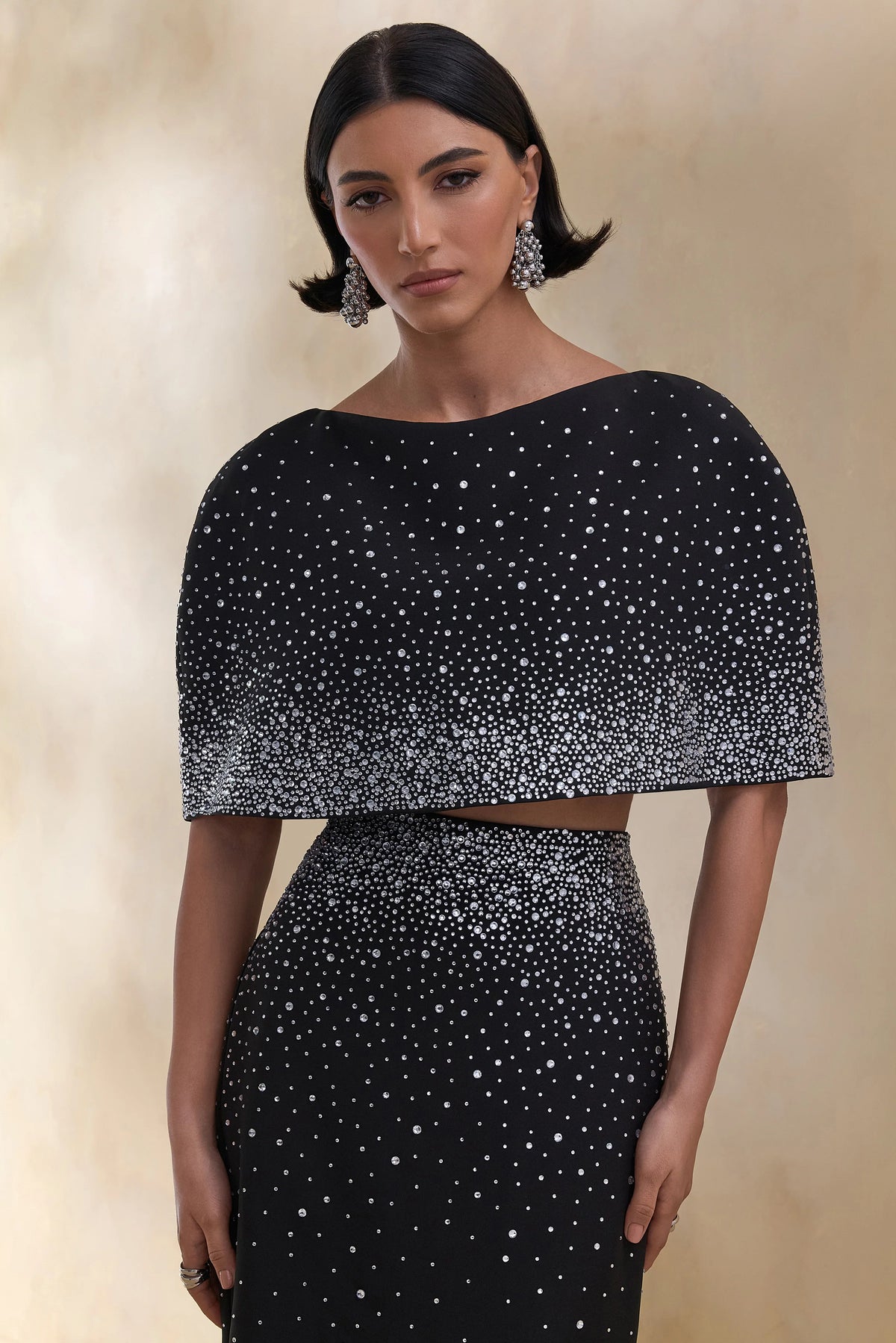 Luxy Black Embellished Boat Neck Crop Top With Cape Sleeves