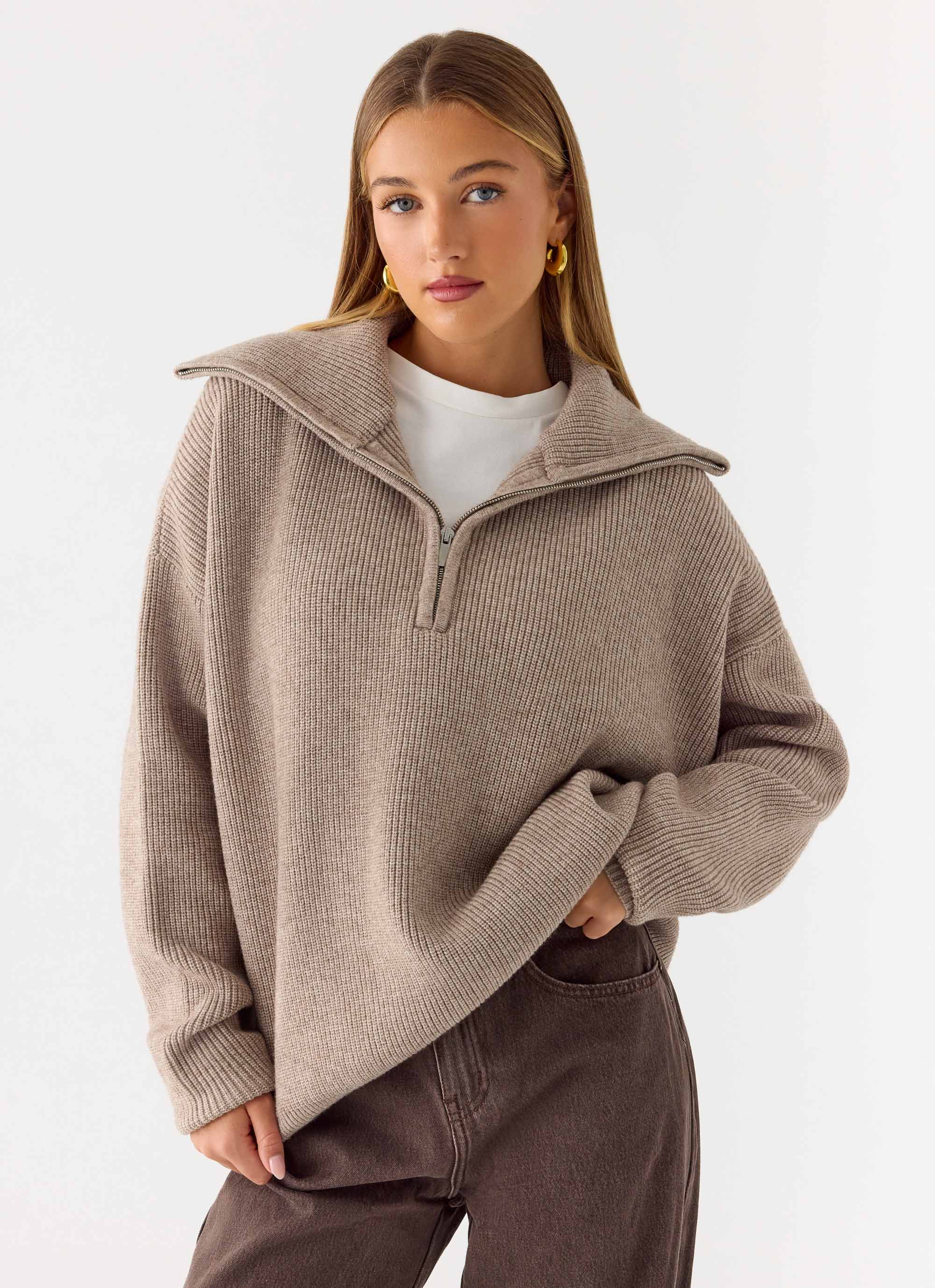 Eirena Quarter Zip Knit Sweater Tan