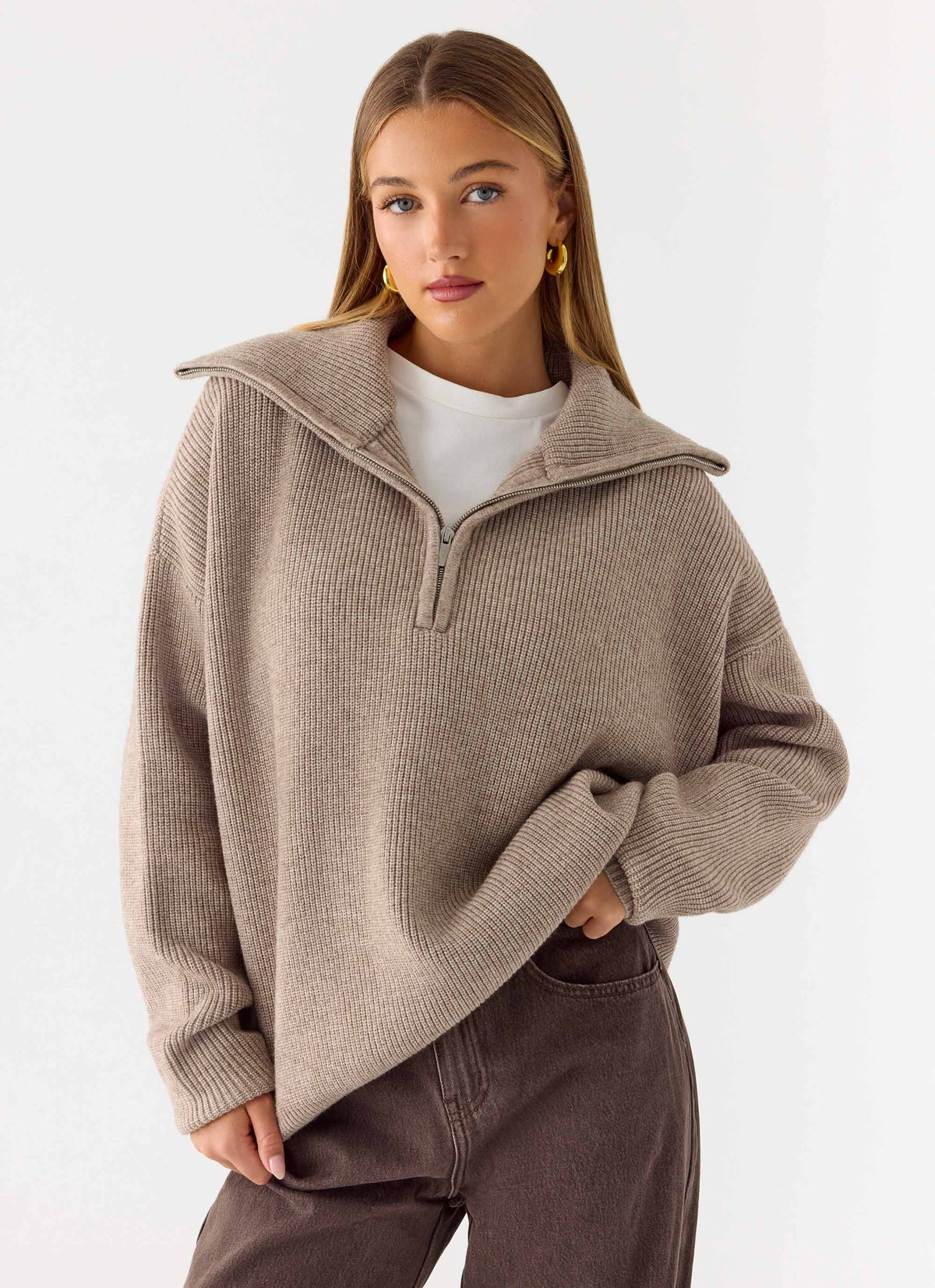 Eirena Quarter Zip Knit Sweater Tan