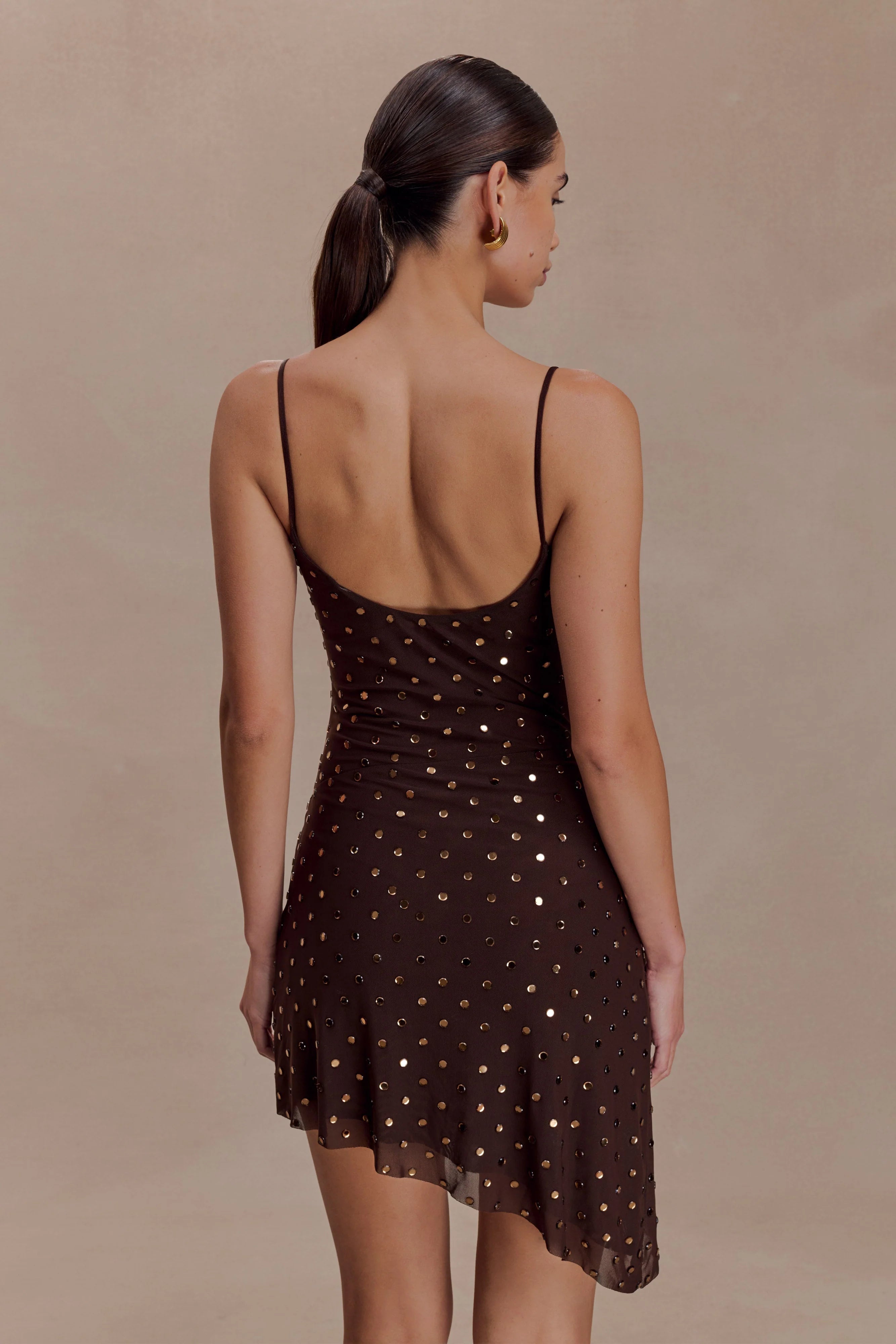 Zahra Diamante Cowl Mini Dress Chocolate