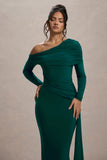 Valina Green Ruched Asymmetric Maxi Dress With Drape