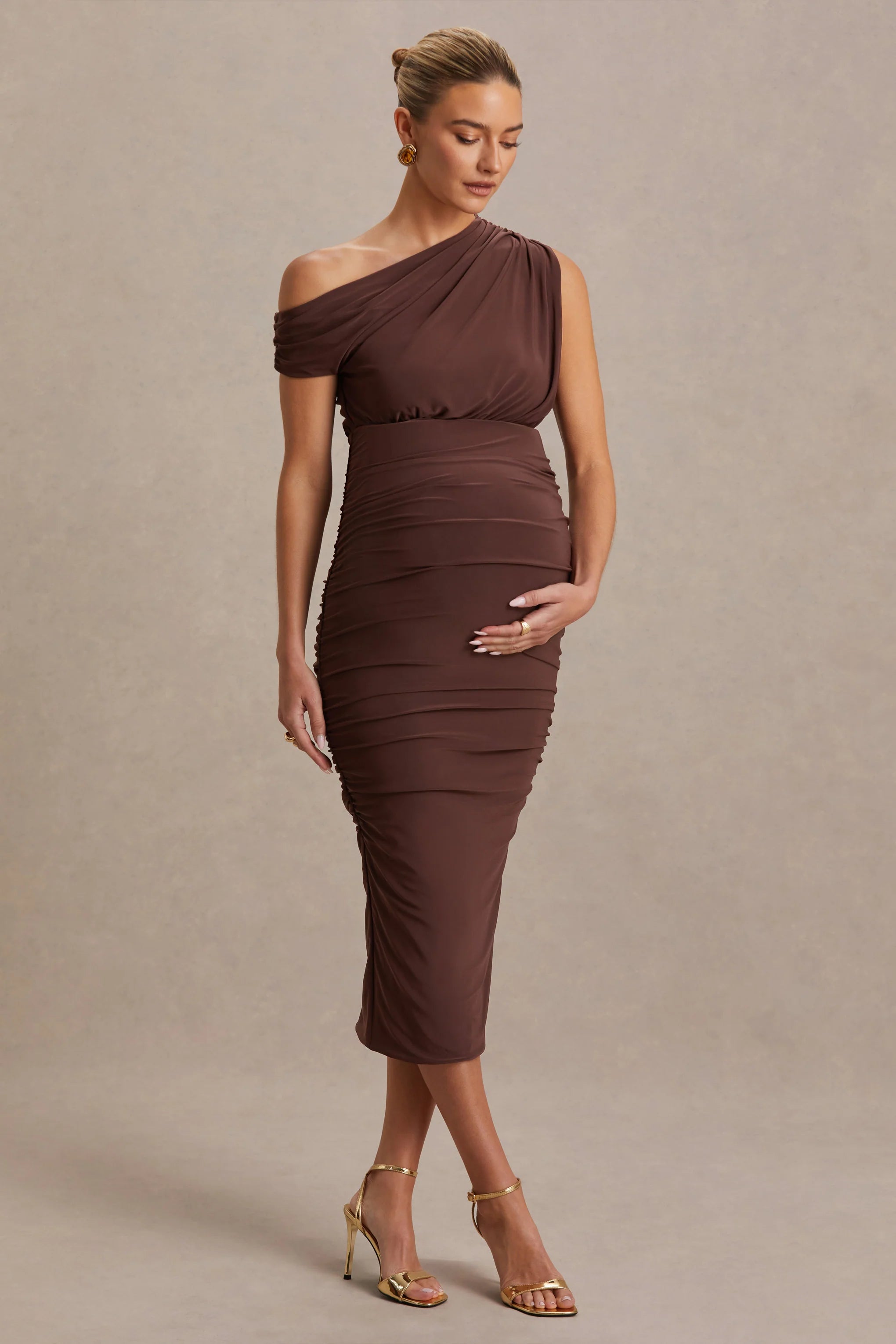 Linnea Brown Asymmetric Neck Maternity Midi Dress