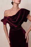 High End Burgundy Velvet Asymmetric Neck Midi Dress With Draped Detailing