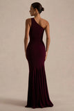 Zya Dark Plum Asymmetric Neck Fishtail Maxi Dress
