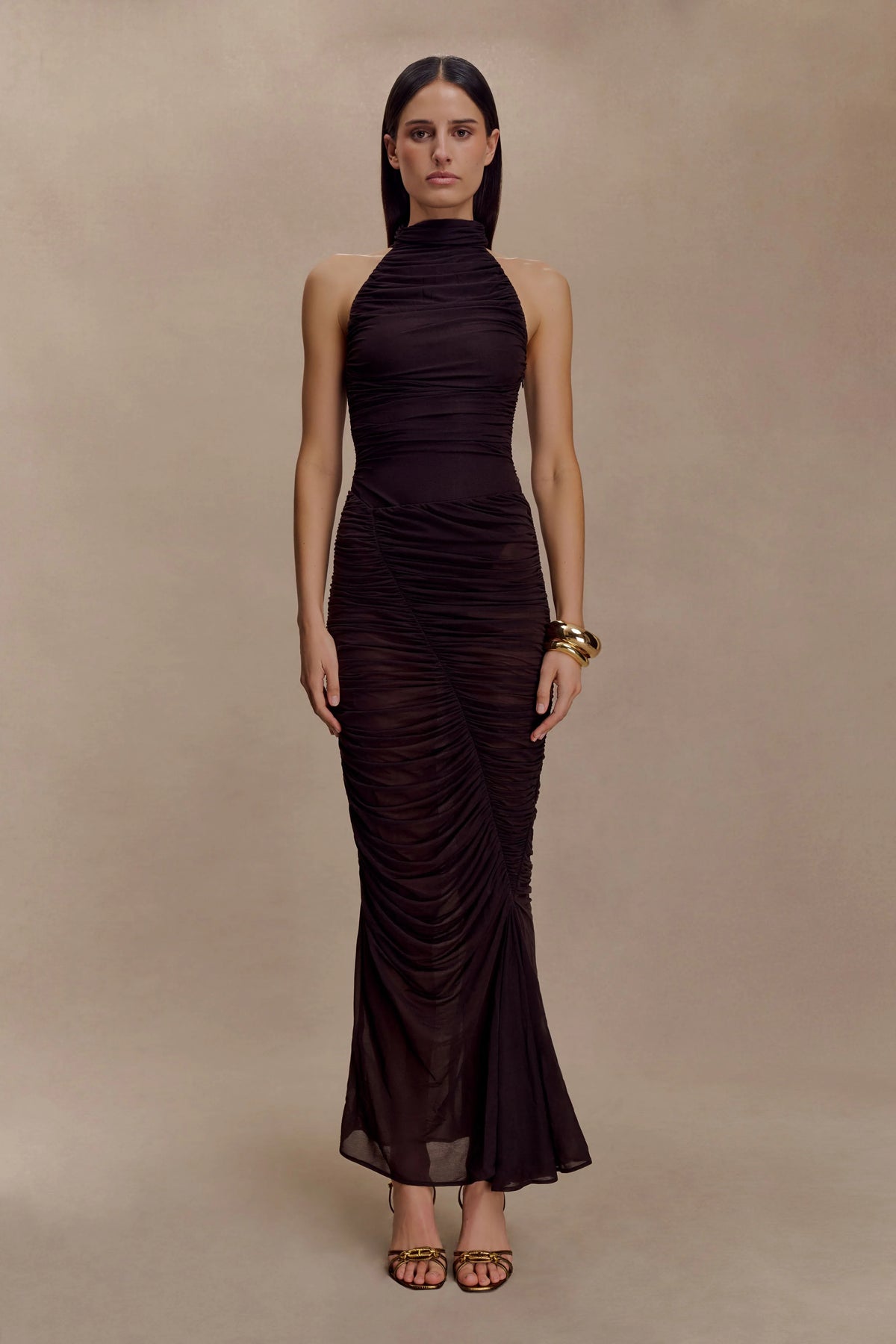 Matilda Ruched Mesh Maxi Skirt Chocolate