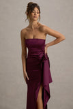 Loz Burgundy Satin Bandeau Draped Maxi Dress