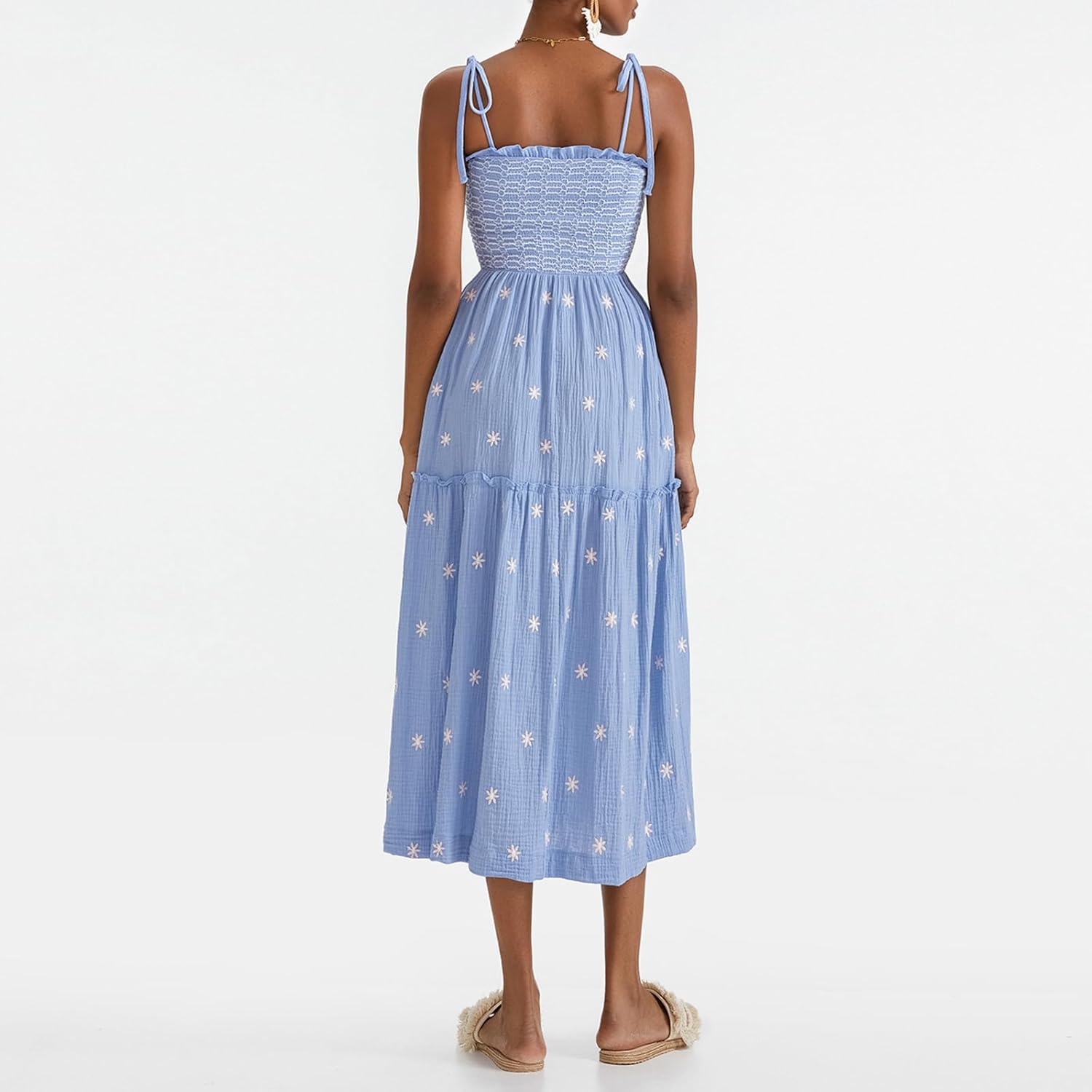 Women Floral Embroidered Maxi Dress Sleeveless Tie Shoulder Smocked Flowy Dress Boho Summer Sundresses with Pockets