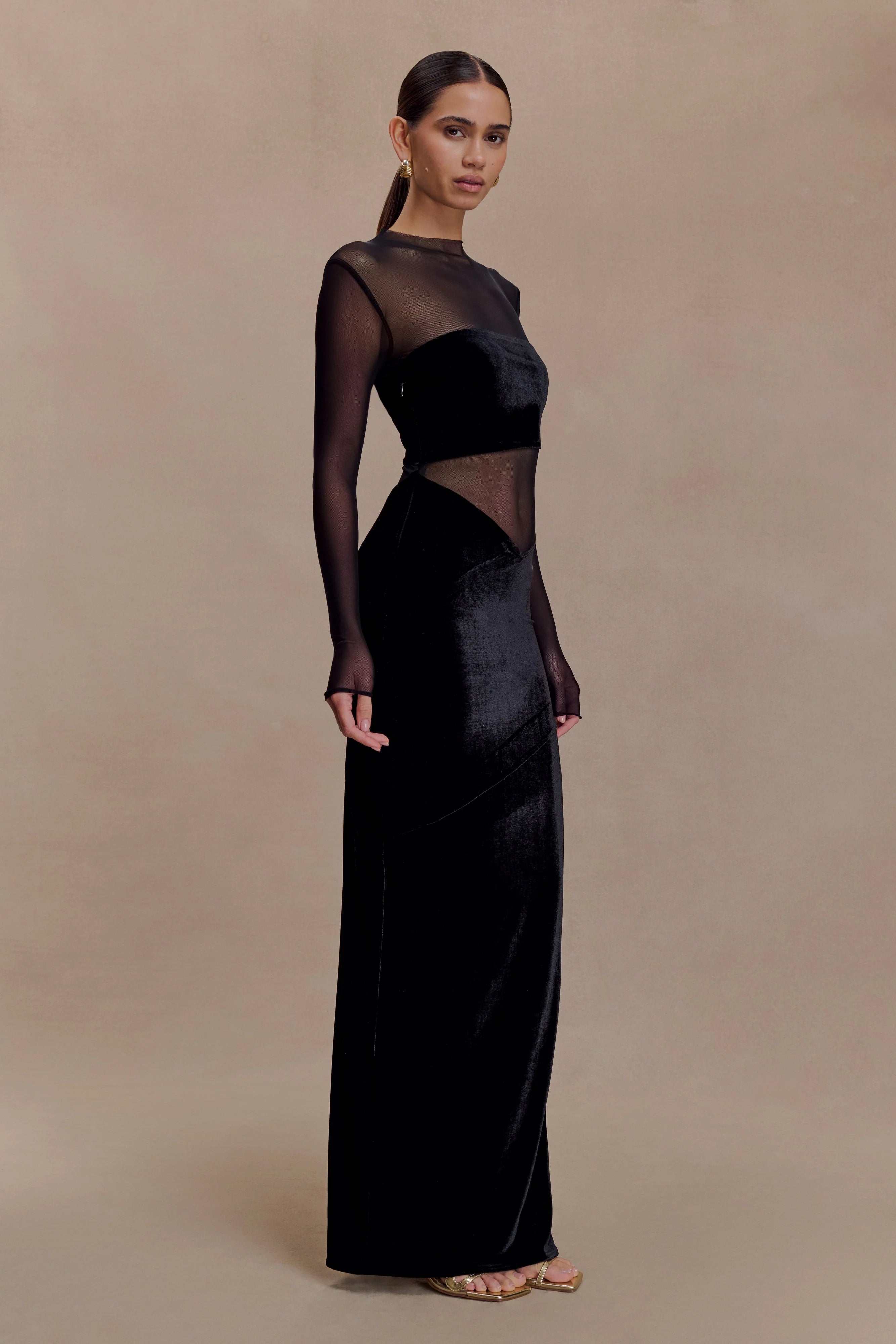 Davina Velvet And Mesh Maxi Dress Black