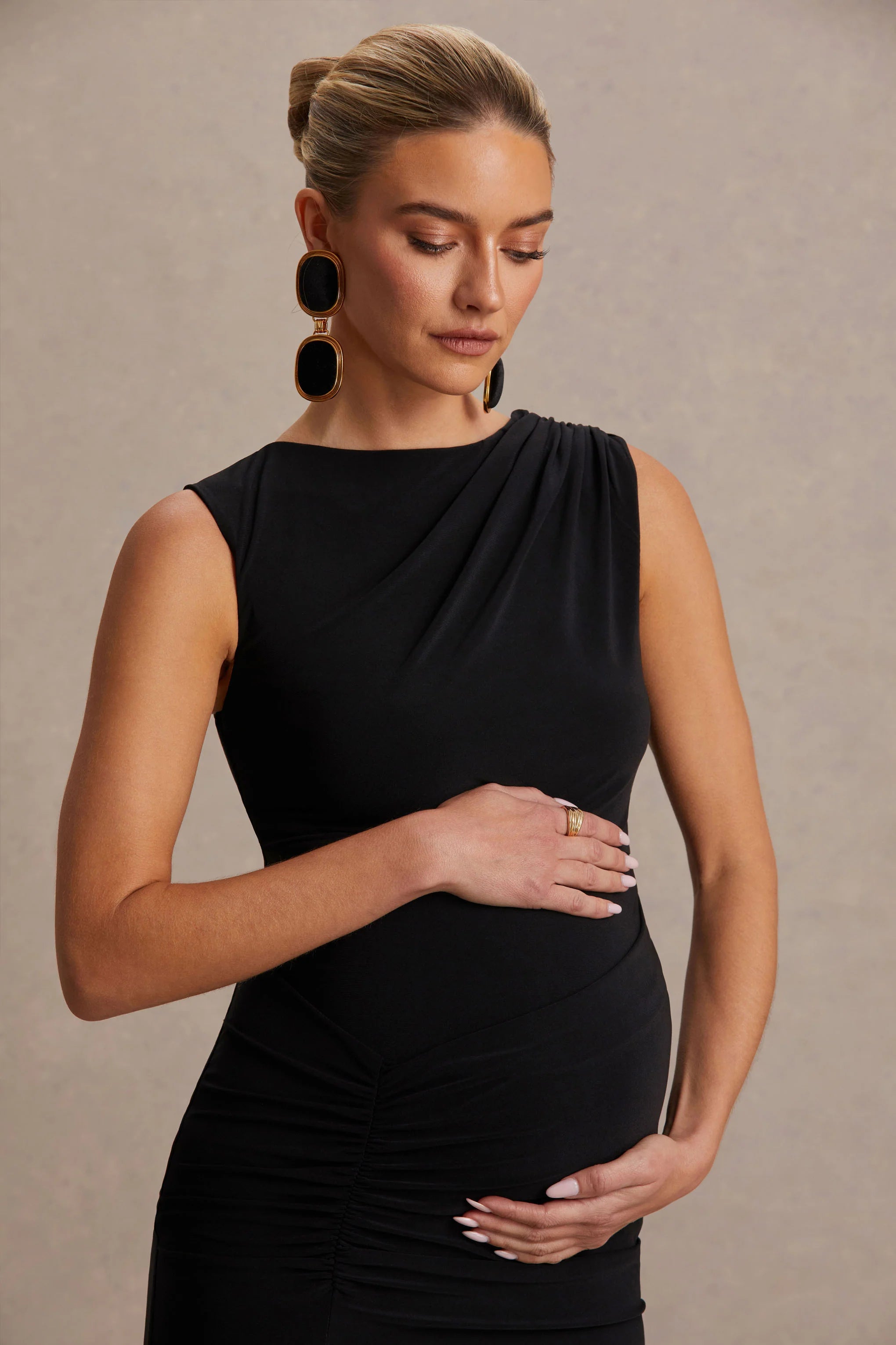 Raven Black Boat Neck Maternity Maxi Dress With Gathered Detailing