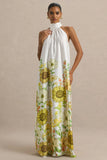 Glide Sunflower Print Satin High Neck Slip Maxi Dress