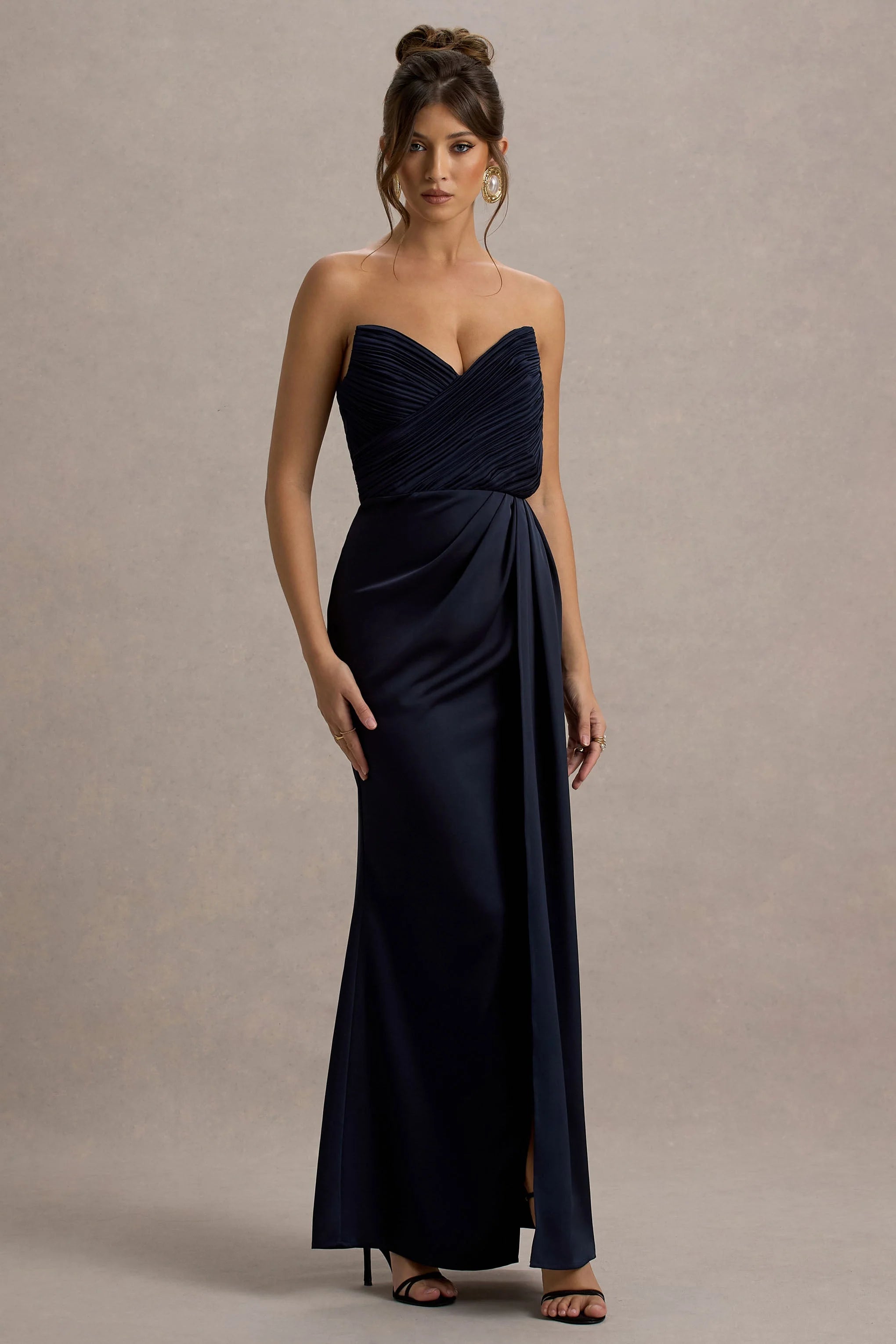 Edel Navy Satin Strapless Maxi Dress With Drape