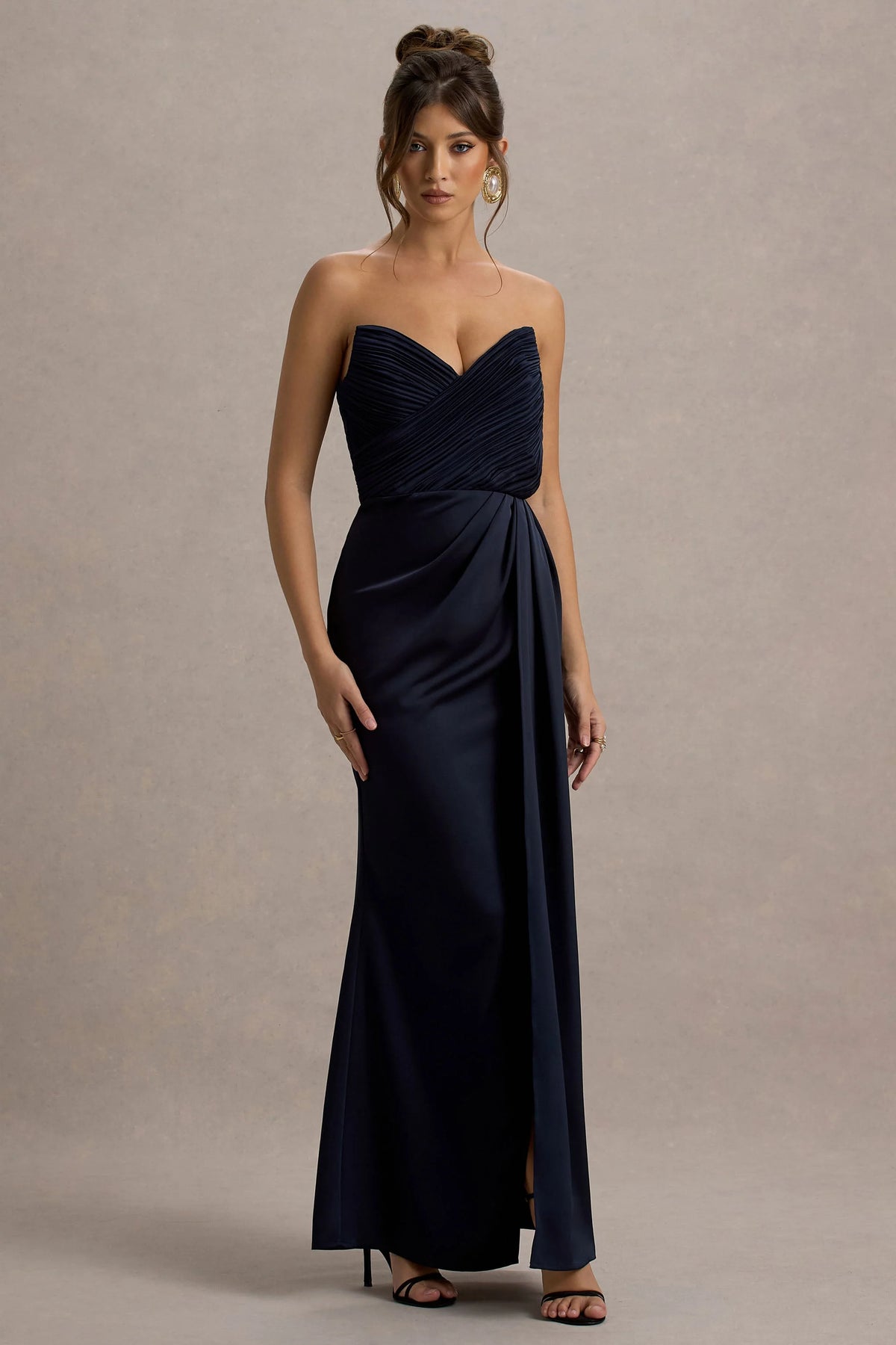 Edel Navy Satin Strapless Maxi Dress With Drape