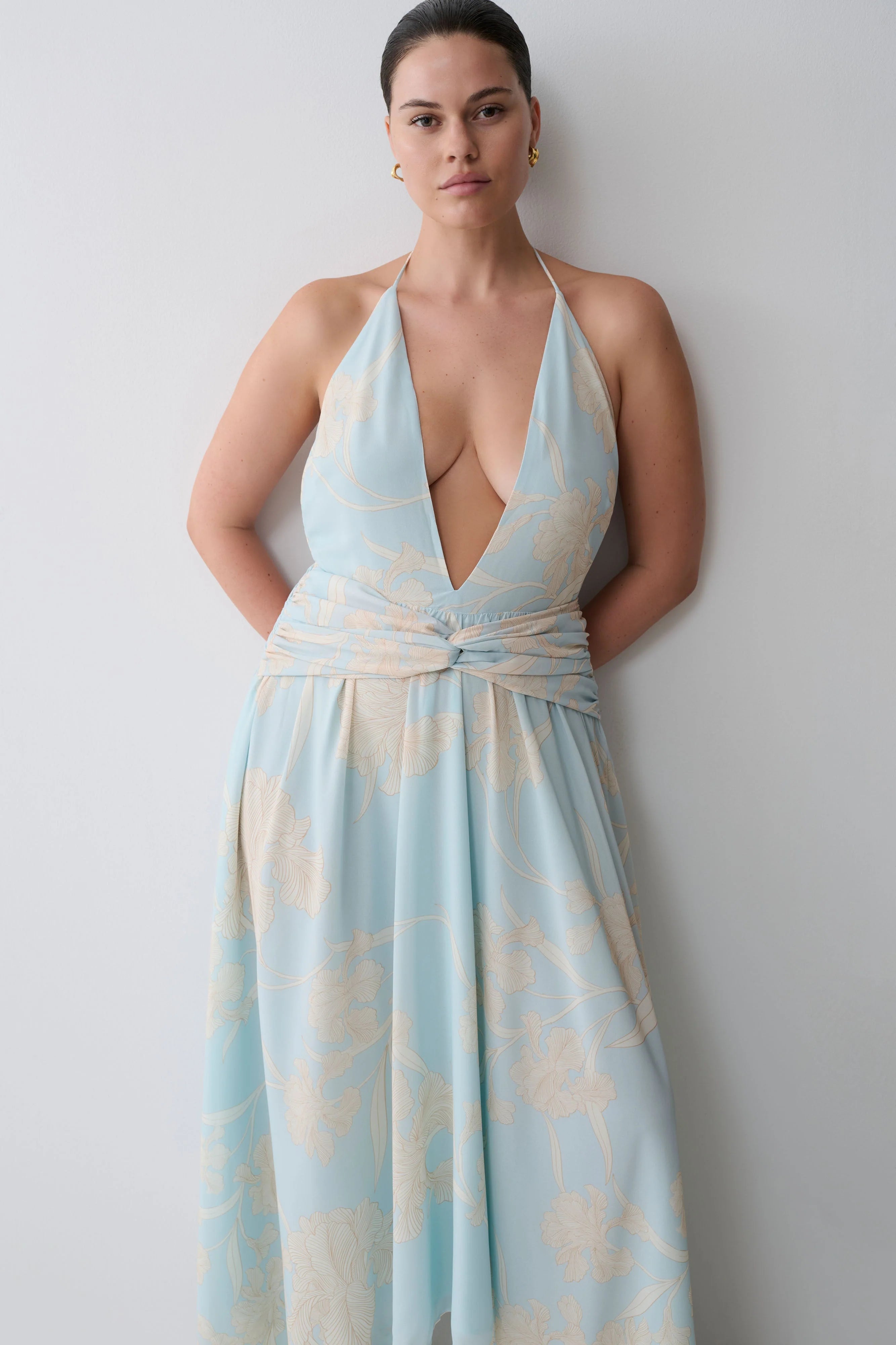 Cyra Plunge Chiffon Midi Dress Blue Floral Print