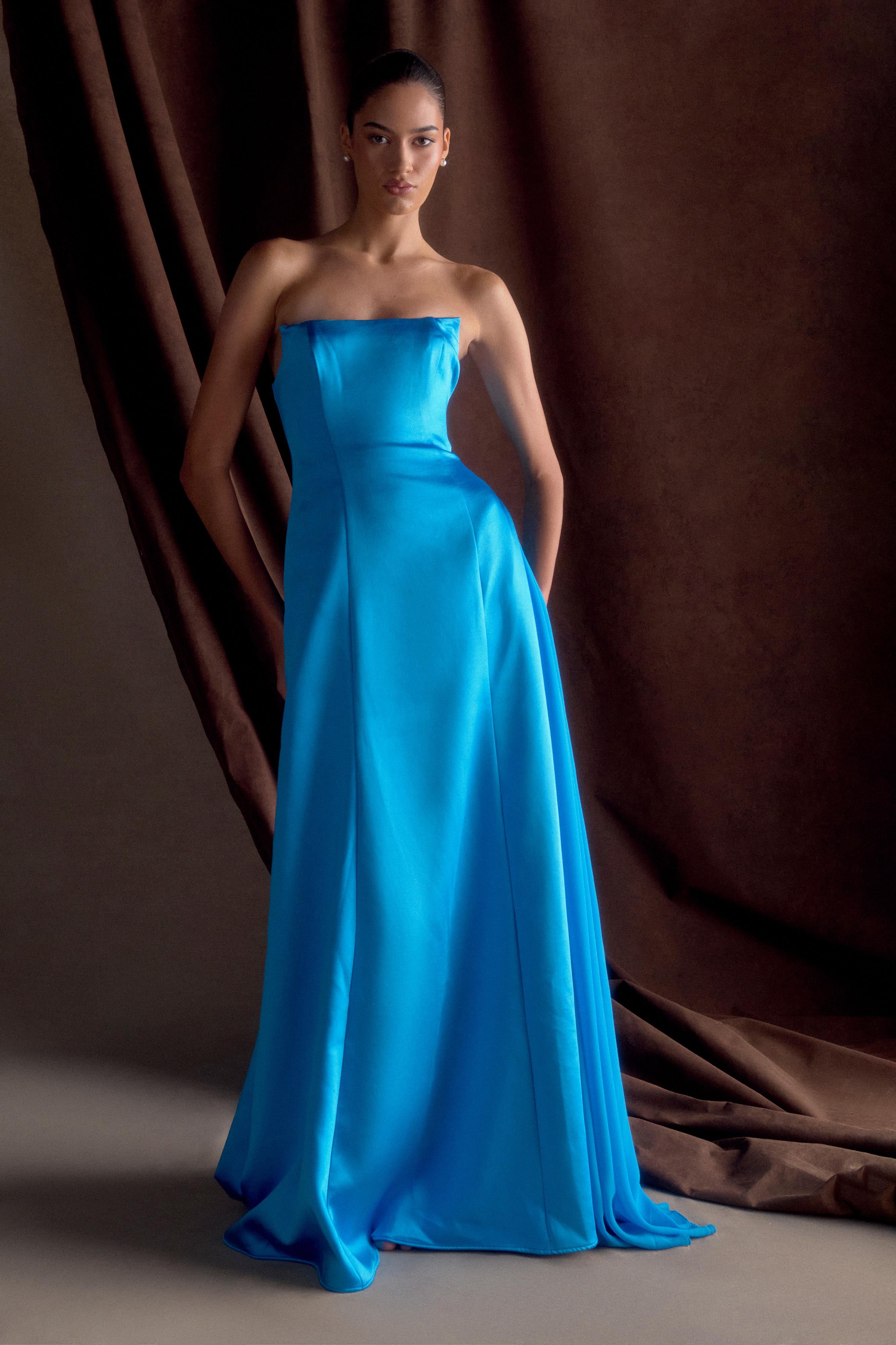 Rosella Satin Strapless Maxi Dress Cyan Blue