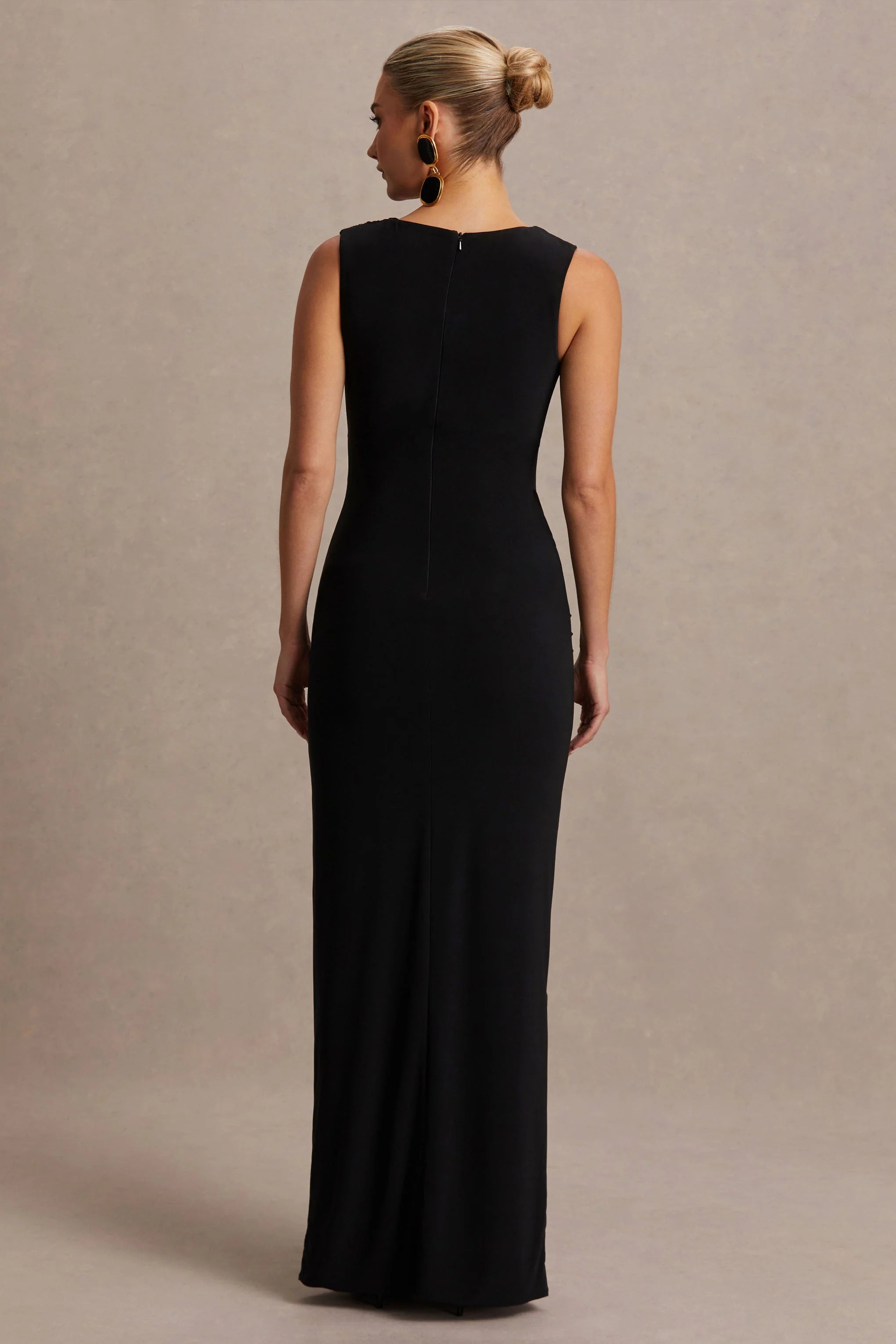 Raven Black Boat Neck Maternity Maxi Dress With Gathered Detailing