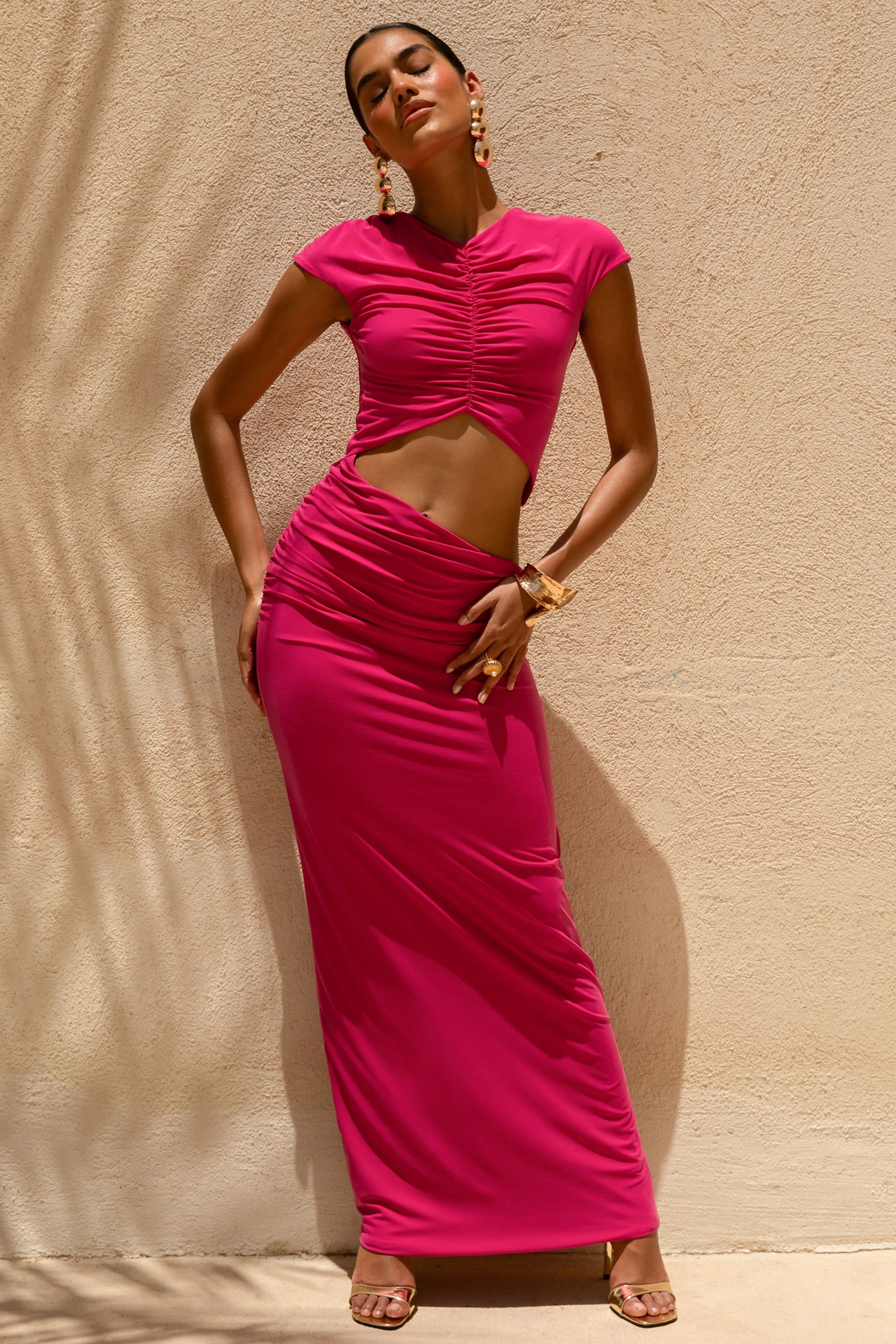 Pia Hot Pink Short Sleeve Maxi Dress With Cut Out