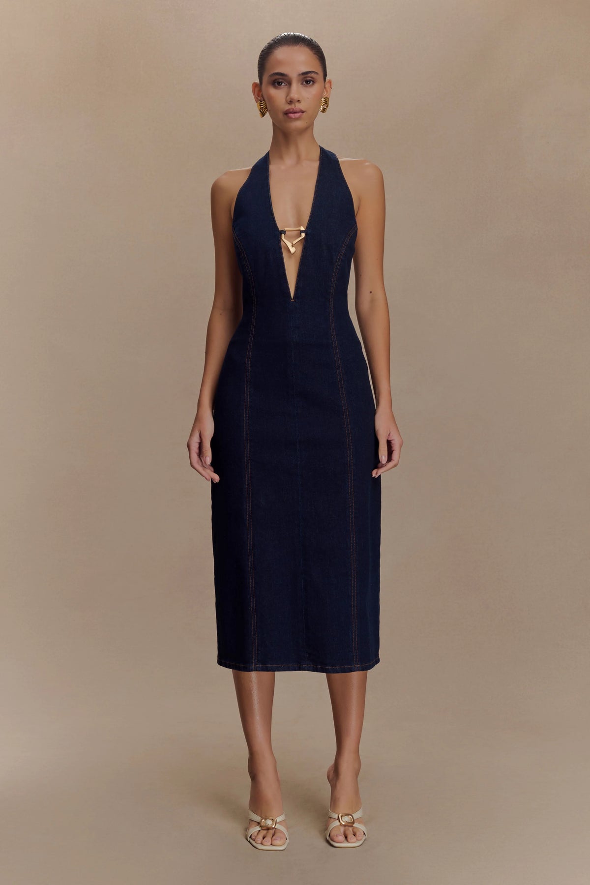 Shauna Denim Halter Midi Dress Indigo Blue