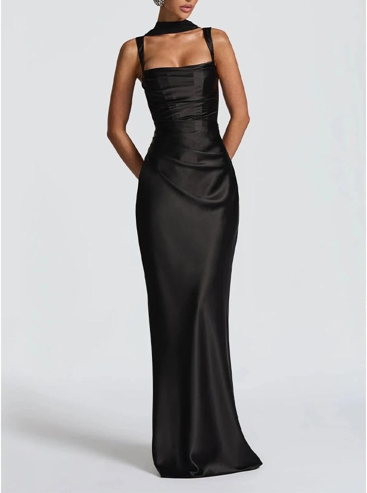 Women Wedding Guest Dress Satin Corset Top Elegant Maxi Dresses with Sheer Scarf Evening Gown