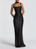 Women Wedding Guest Dress Satin Corset Top Elegant Maxi Dresses with Sheer Scarf Evening Gown