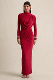 Karinthia Red High Neck Maxi Dress With Draped Detailing