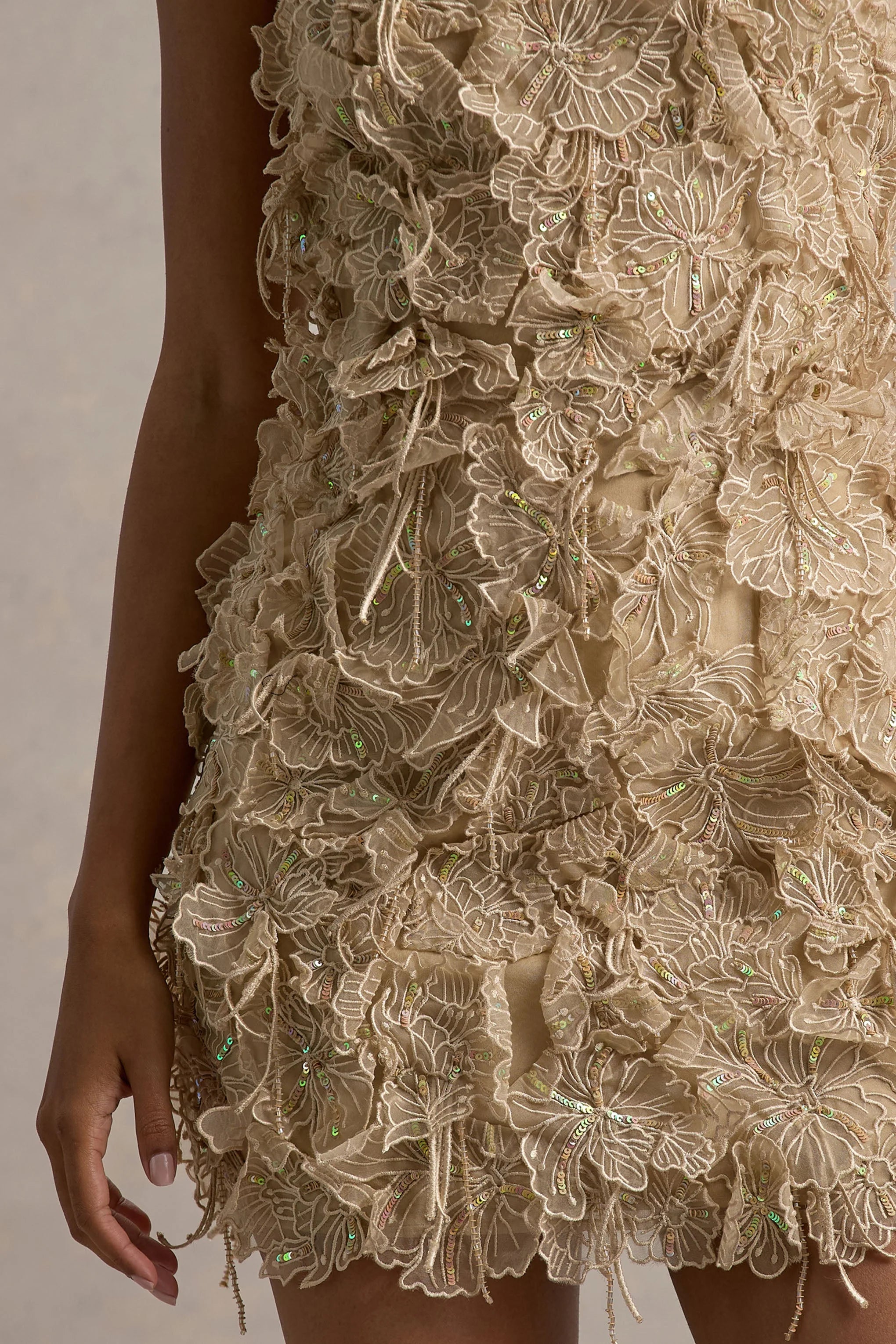 Kamara Nude Sequin Floral Halter Neck Mini Dress