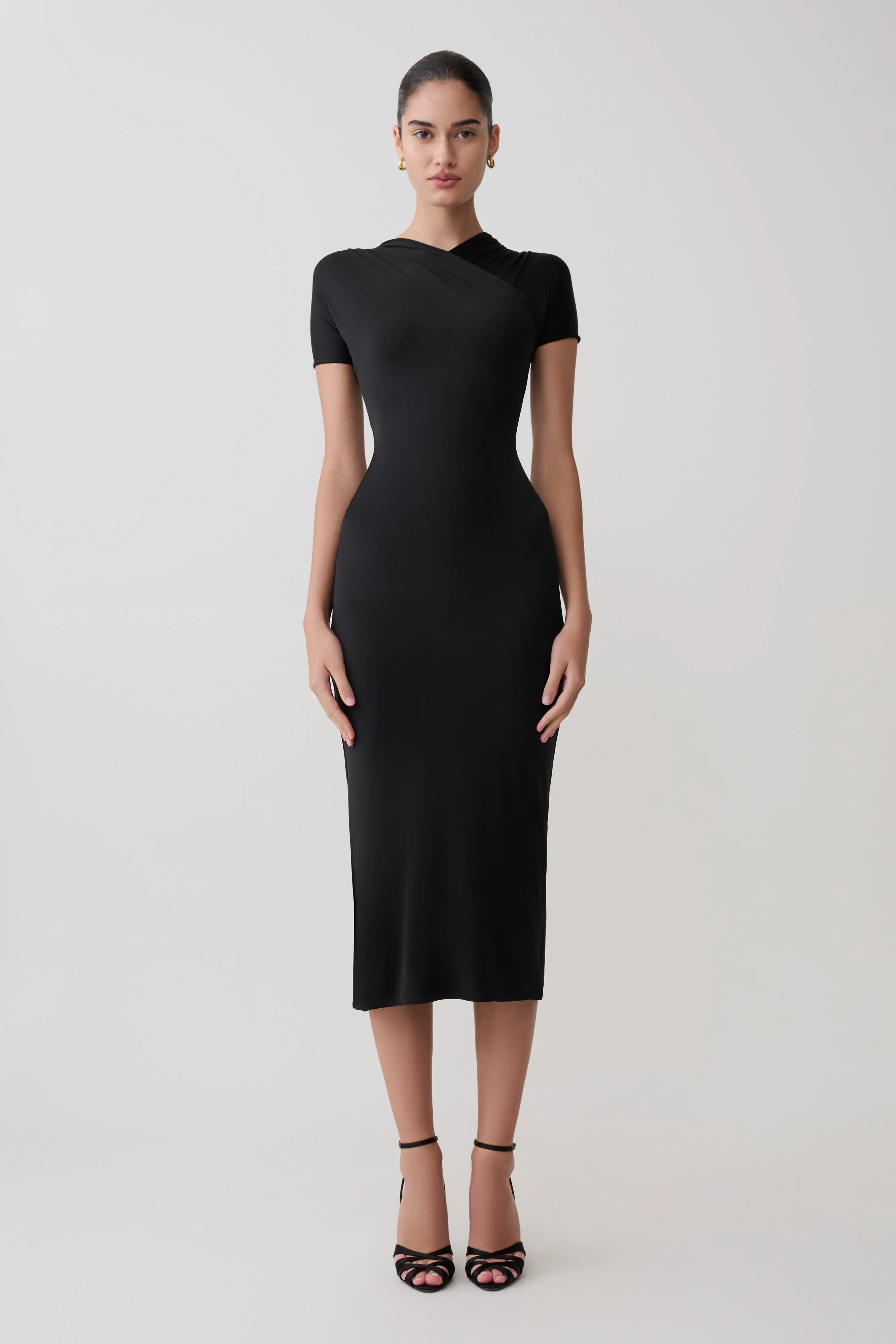 Junie Cross Over Neck Slinky Maxi Dress Black