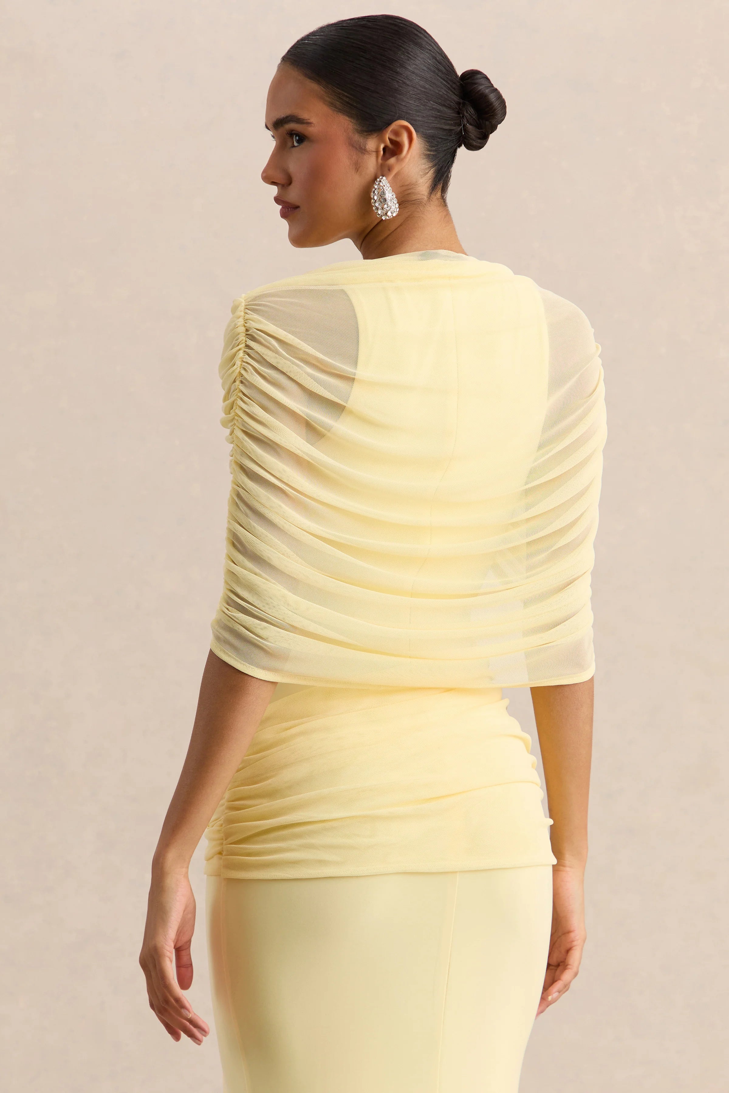 Mirene Lemon Round Neck Maxi Dress With Gathered Detailing And Sash