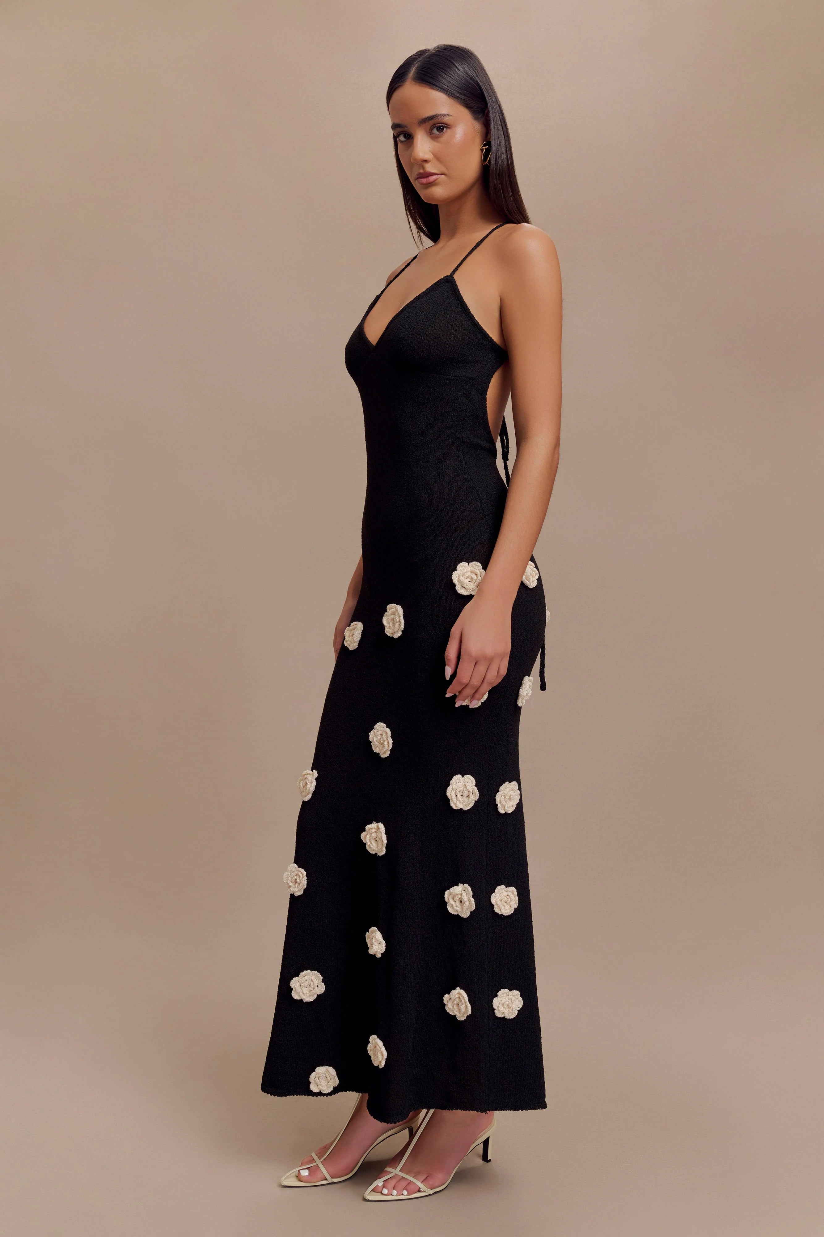 Suki Knit Maxi Dress With Flowers Black White