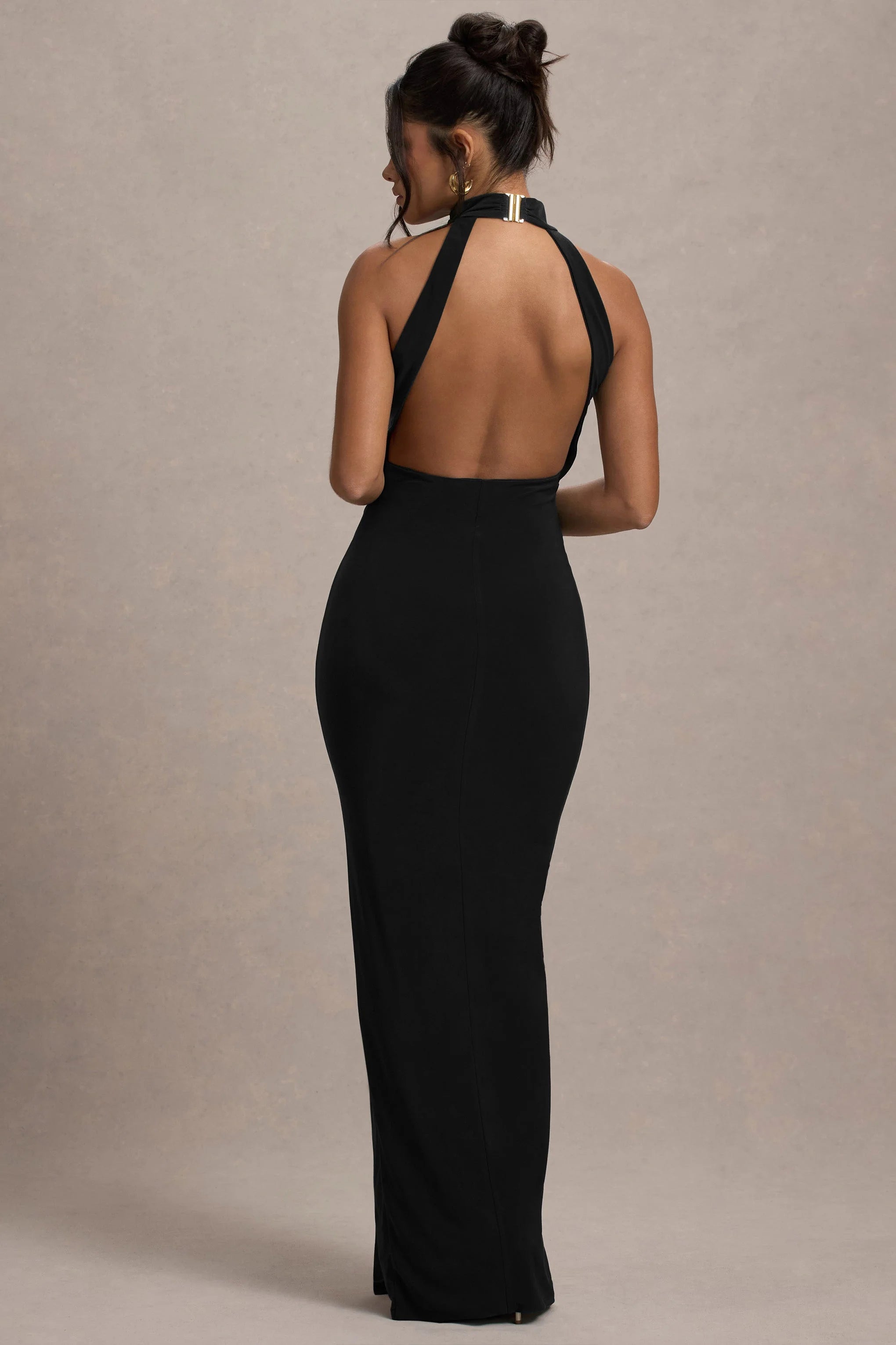 Khari Black High Neck Twisted Maxi Dress With Drape