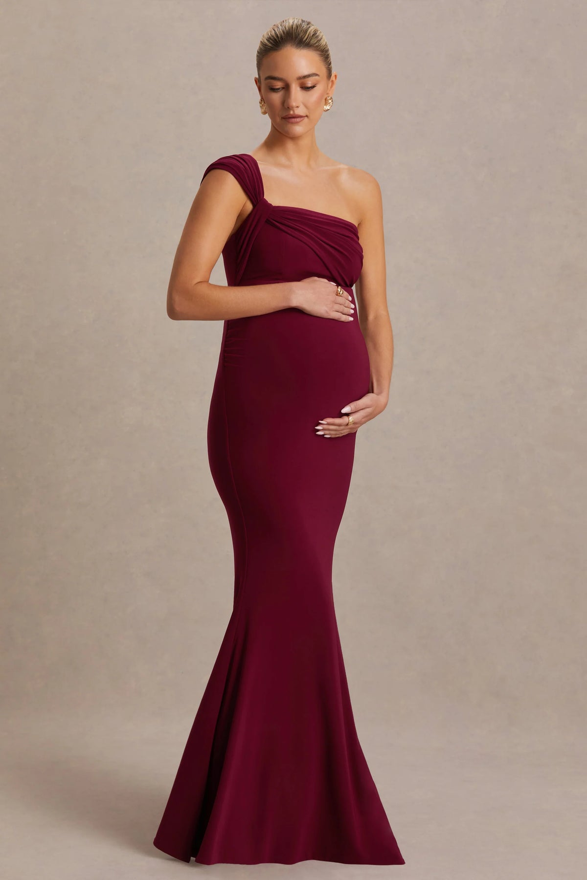 Mila Burgundy Asymmetric Neck Maternity Maxi Dress