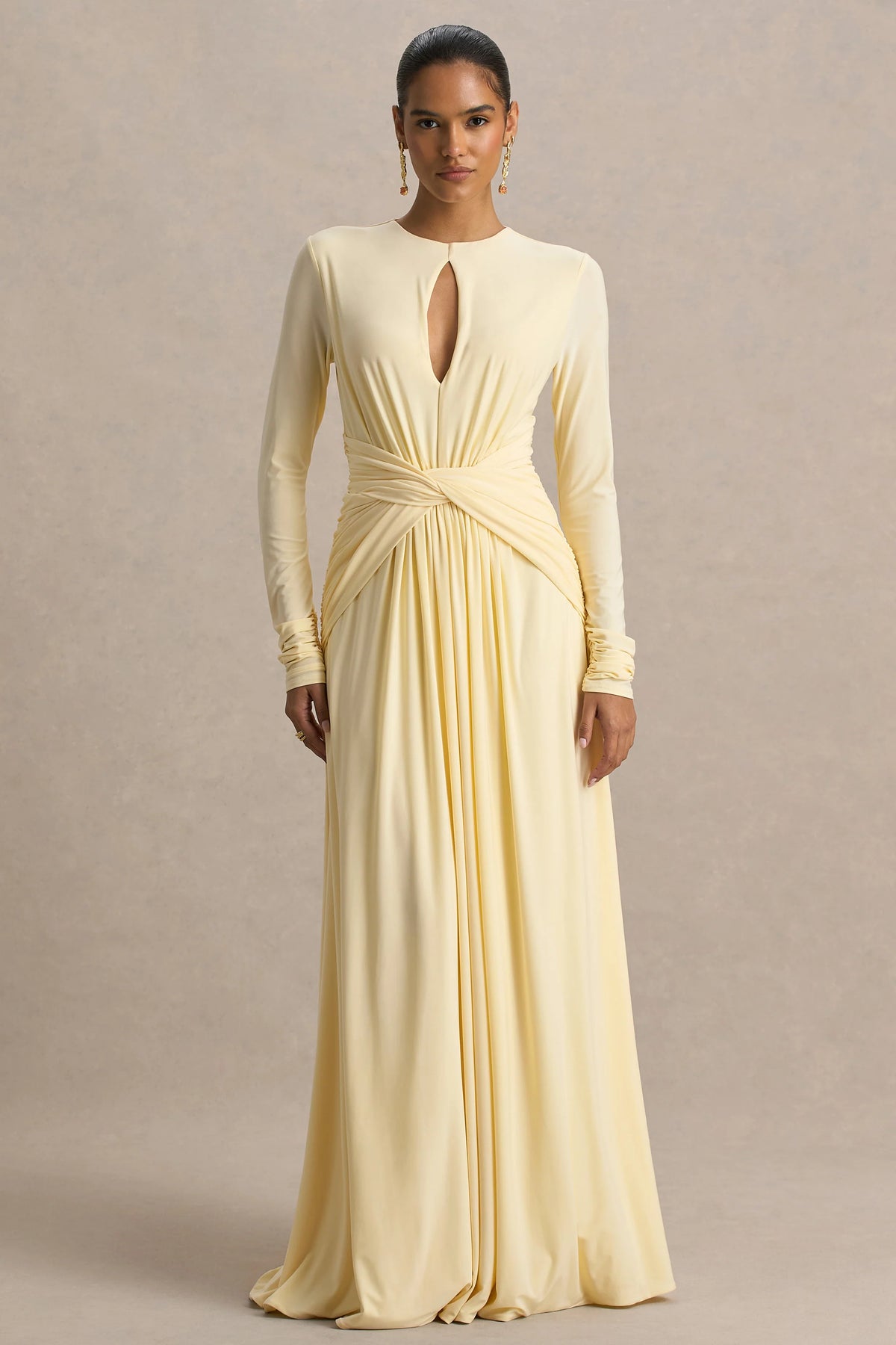 With Me Lemon High Neck Maxi Dress With Ruched Detailing