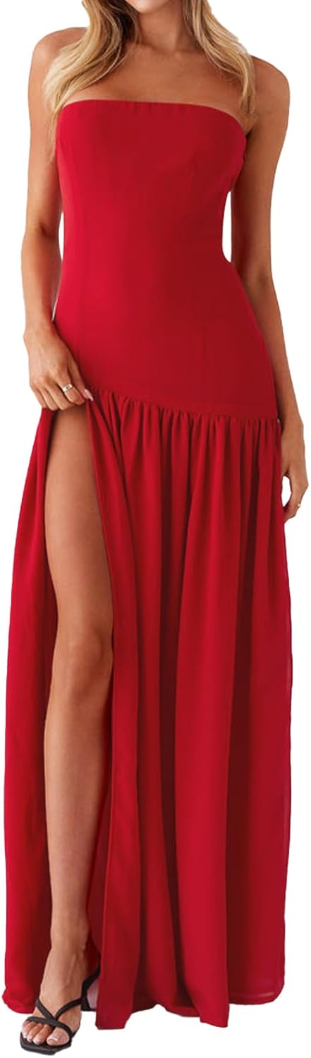Women Tube Top Dress Tiger Stripe Mesh Patchwork Maxi Dress Strapless Sexy High Slit Long Dresses Beach Vacation