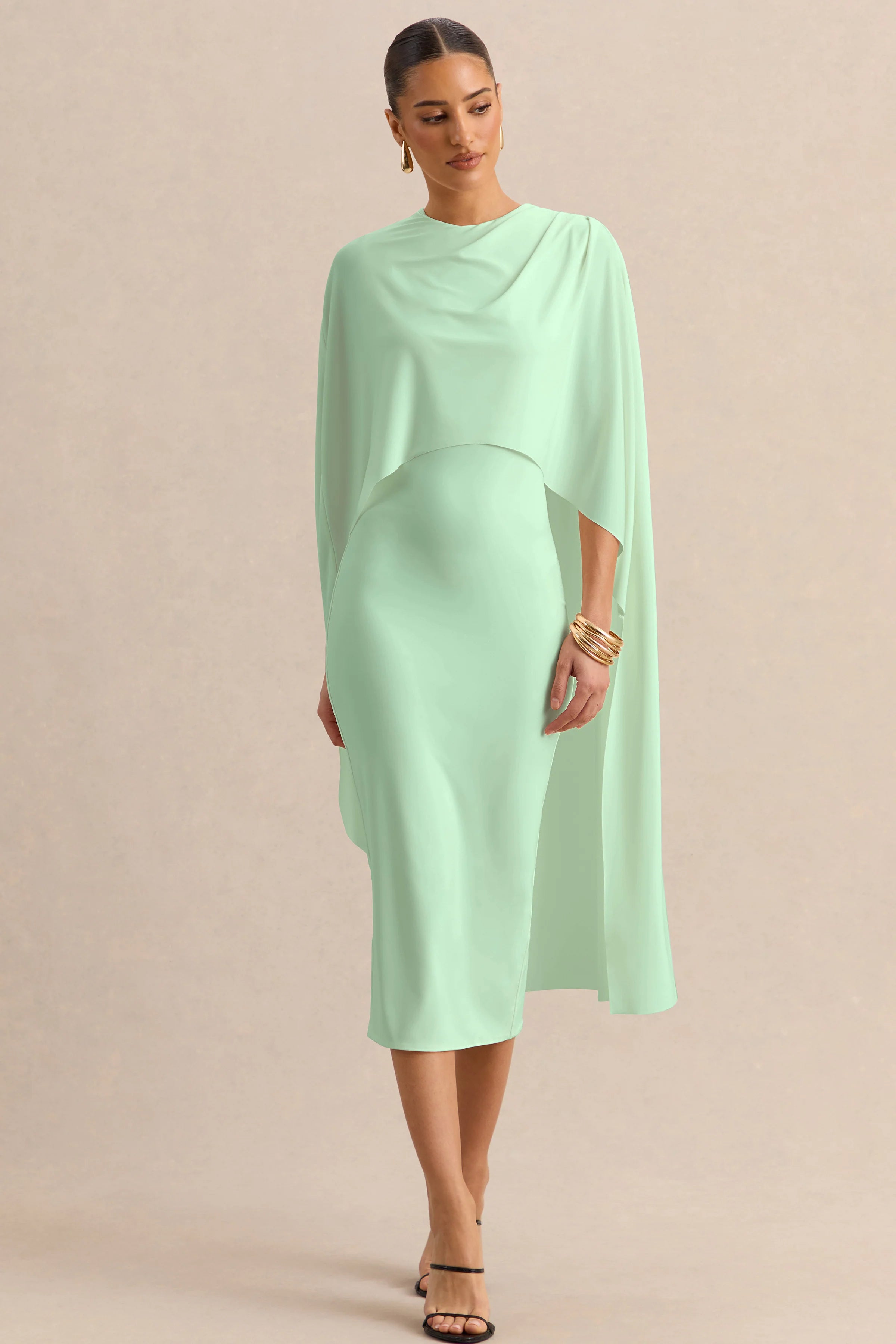 Luxalyn Green Round Neck Midi Dress With Cape Detail