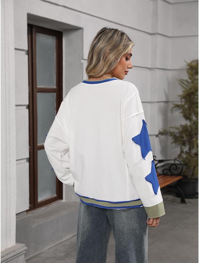 Women Oversized Sweatshirt Star Graphic Drop Shoulder Sloutchy Fit Pullover Tops Y2k Long Sleeve Shirt