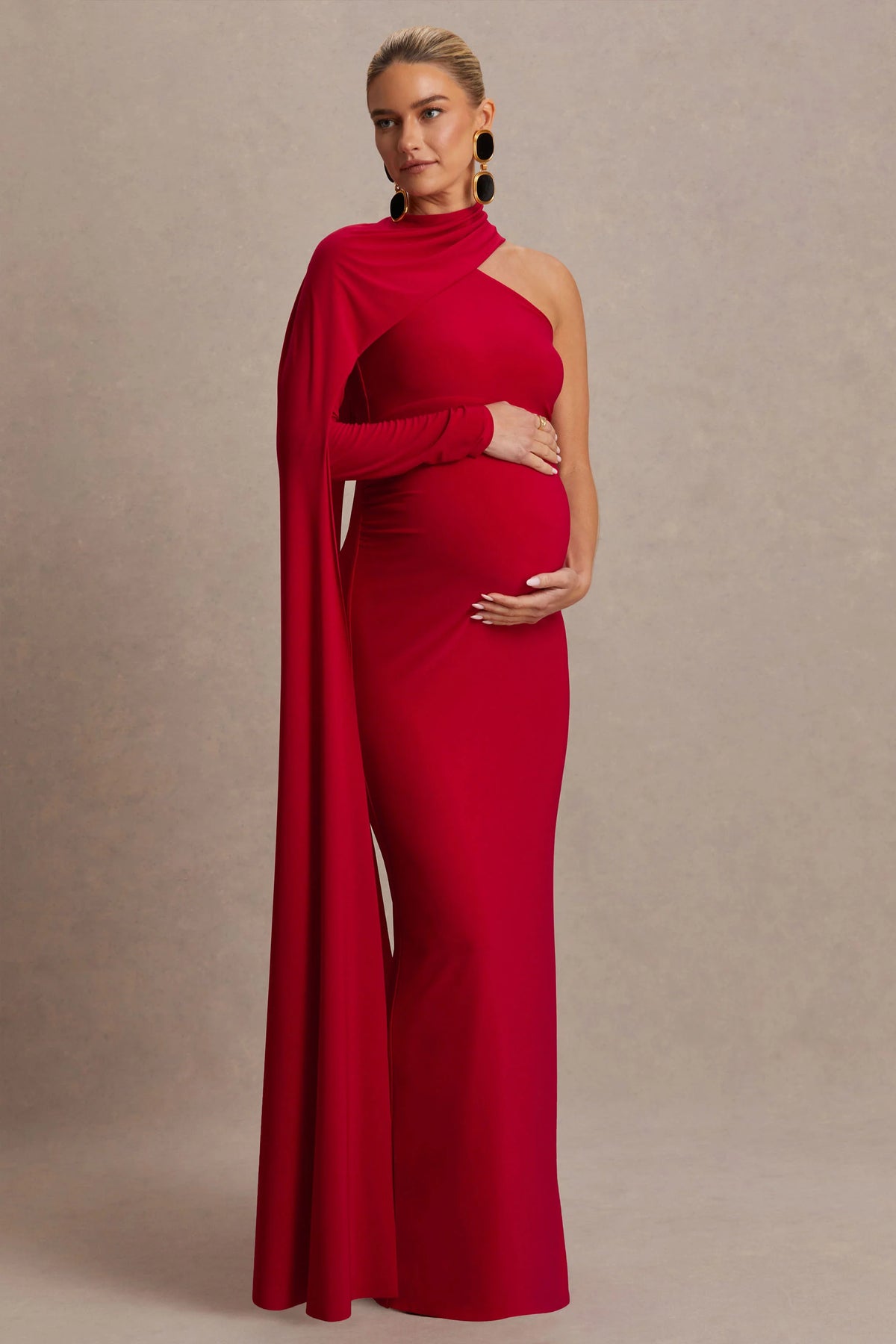 Tessy Red Asymmetric Neck Maternity Maxi Dress With Cape Sleeve