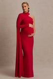Tessy Red Asymmetric Neck Maternity Maxi Dress With Cape Sleeve