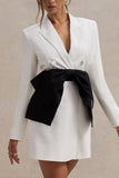 Prized White Tailored Blazer Dress With Black Bow