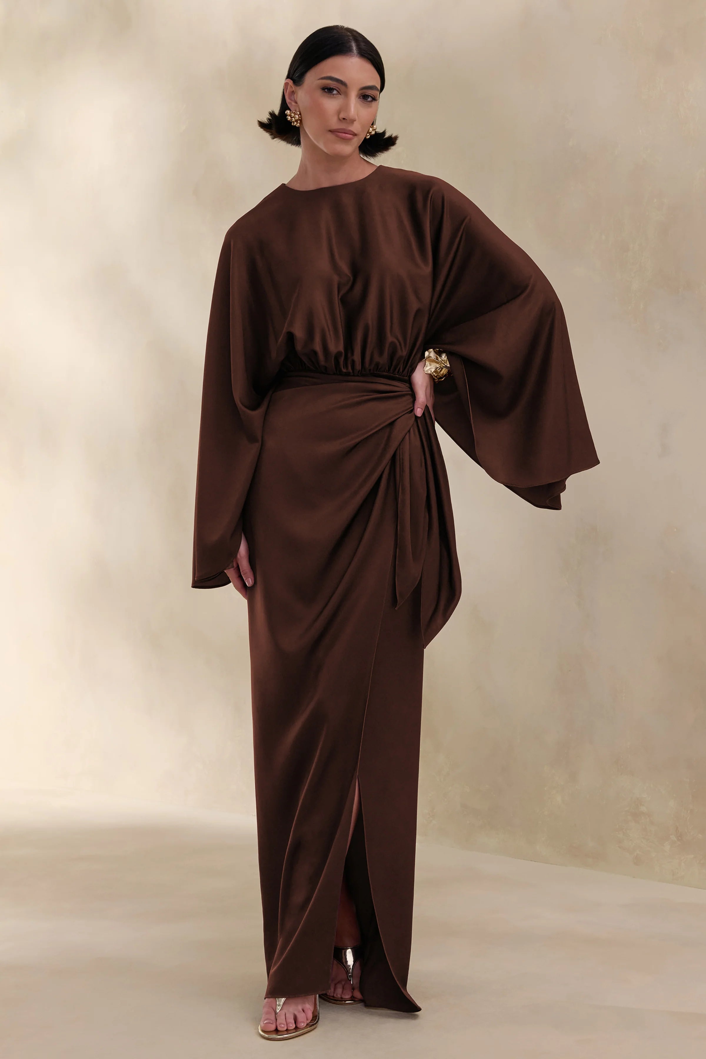 Delphina Brown Satin Maxi Dress With Gathered And Knot Detail