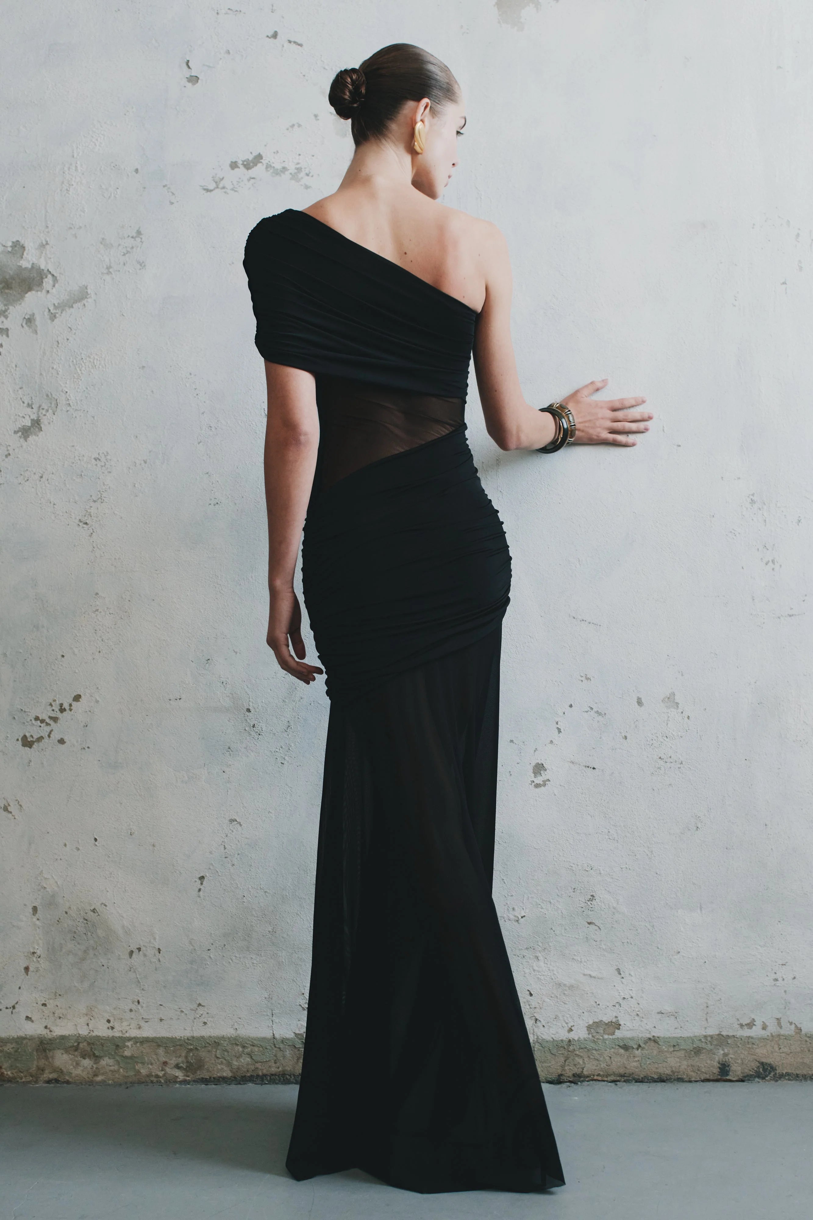 Dallas One Shoulder Mesh Maxi Dress Black
