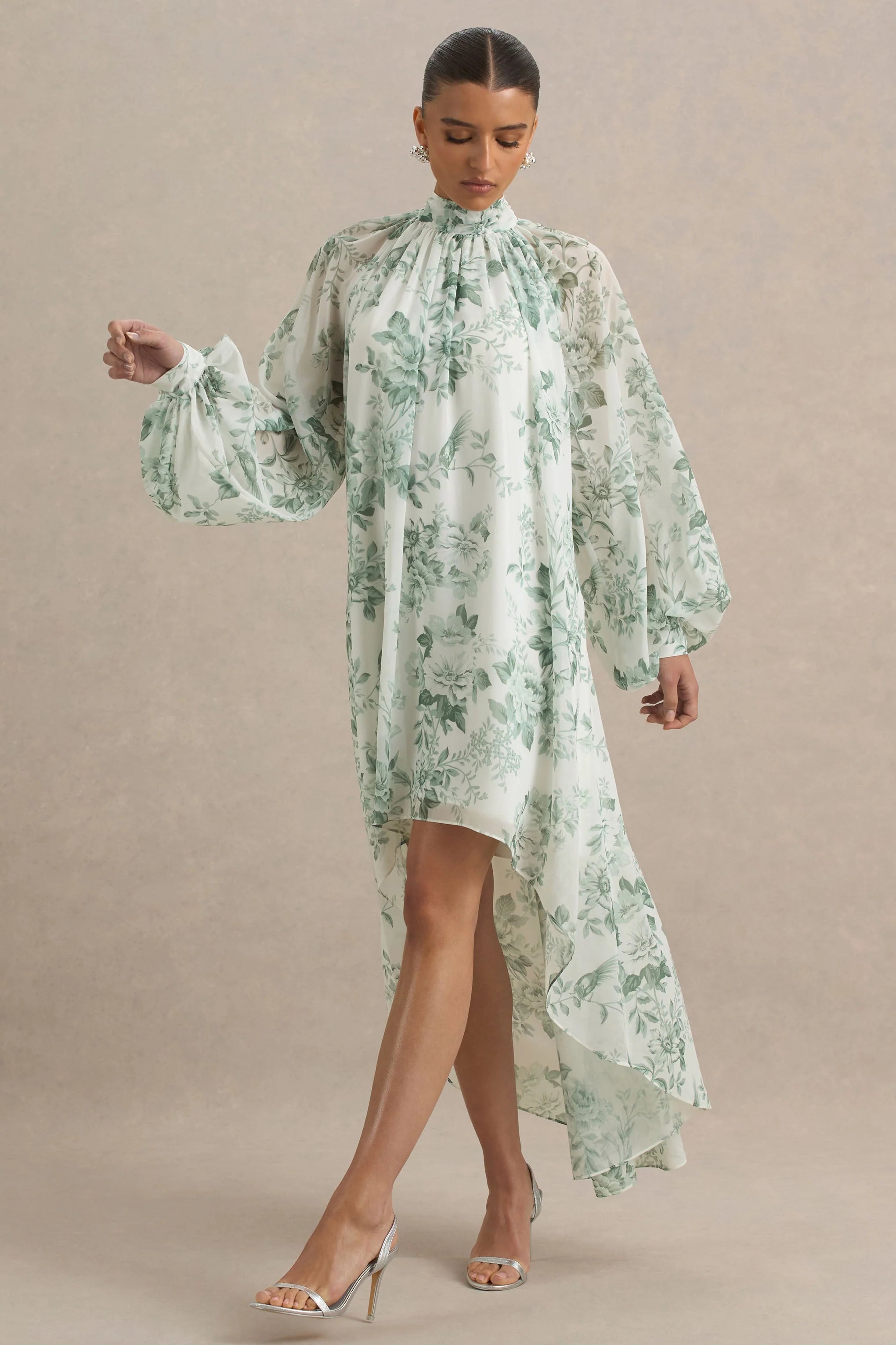 Delphia Green Floral Print High Neck Maxi Dress