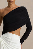 Malika Black And White Asymmetric Neck Maxi Dress With Body Cut Out And Gathered Detailing