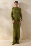 Linessa Olive High Neck Maxi Dress With Sash And Gathered Detailing
