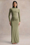 Persis Olive High Neck Maxi Dress With Gathered Detailing
