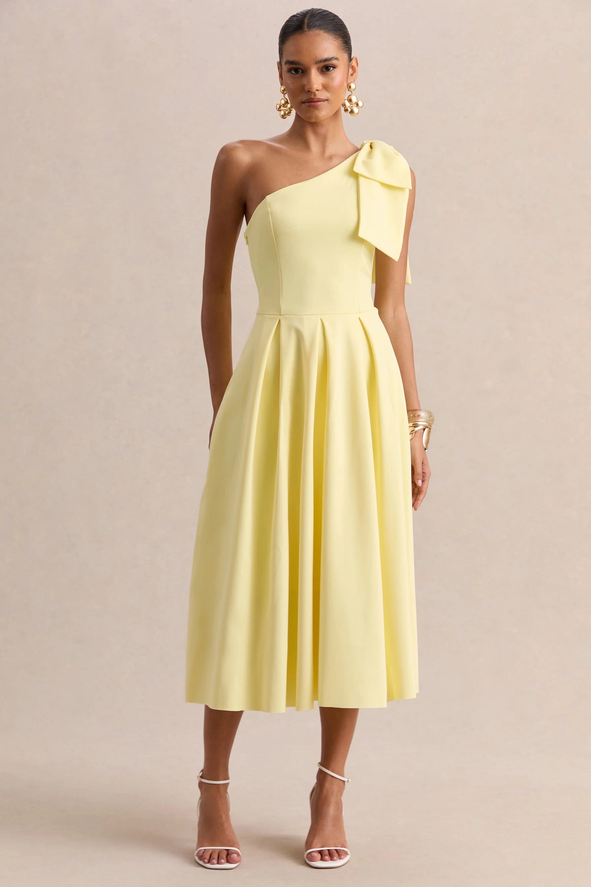 Meria Lemon Asymmetric Neck Midi Dress With Bow Sleeve