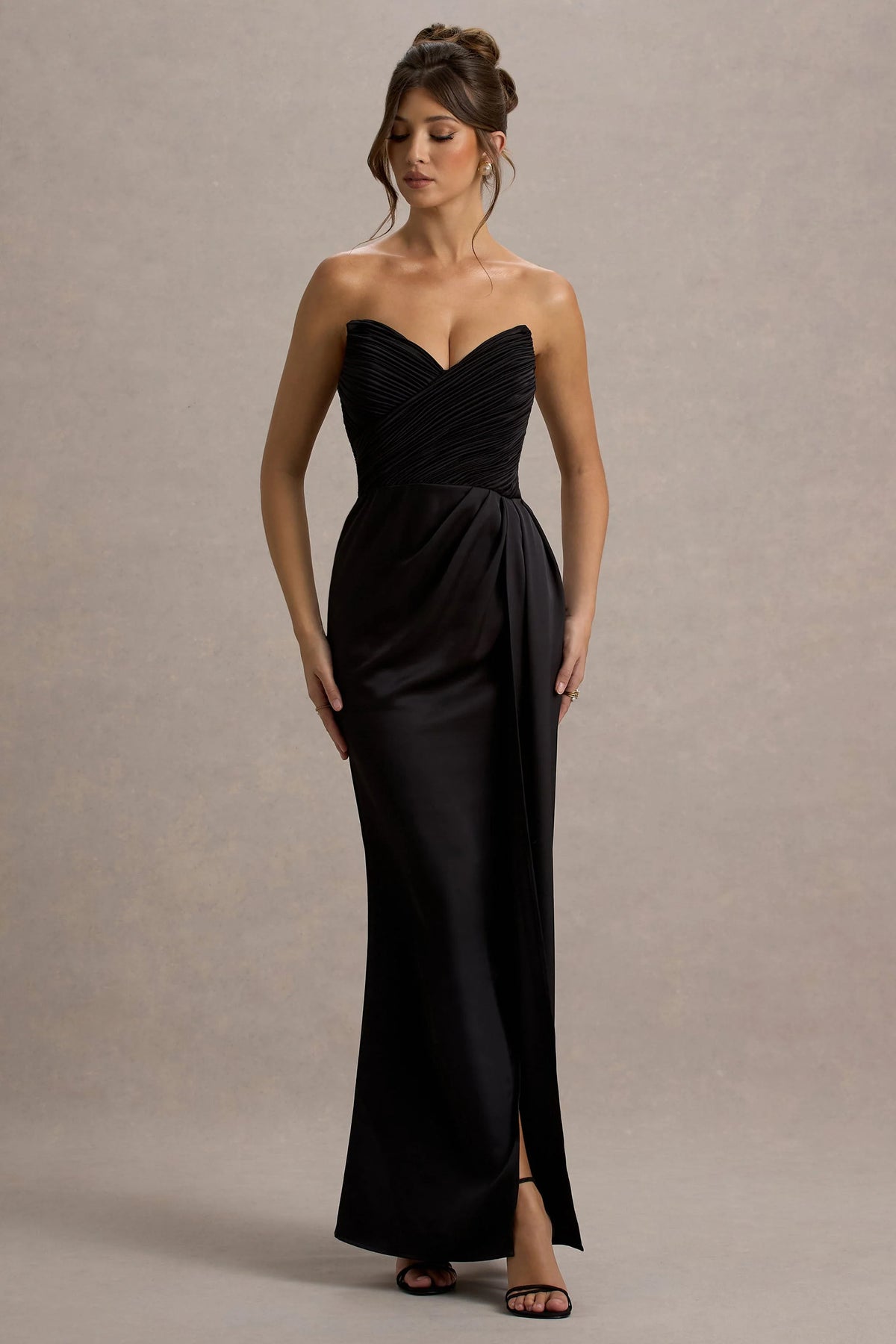 Edel Black Satin Strapless Maxi Dress With Drape