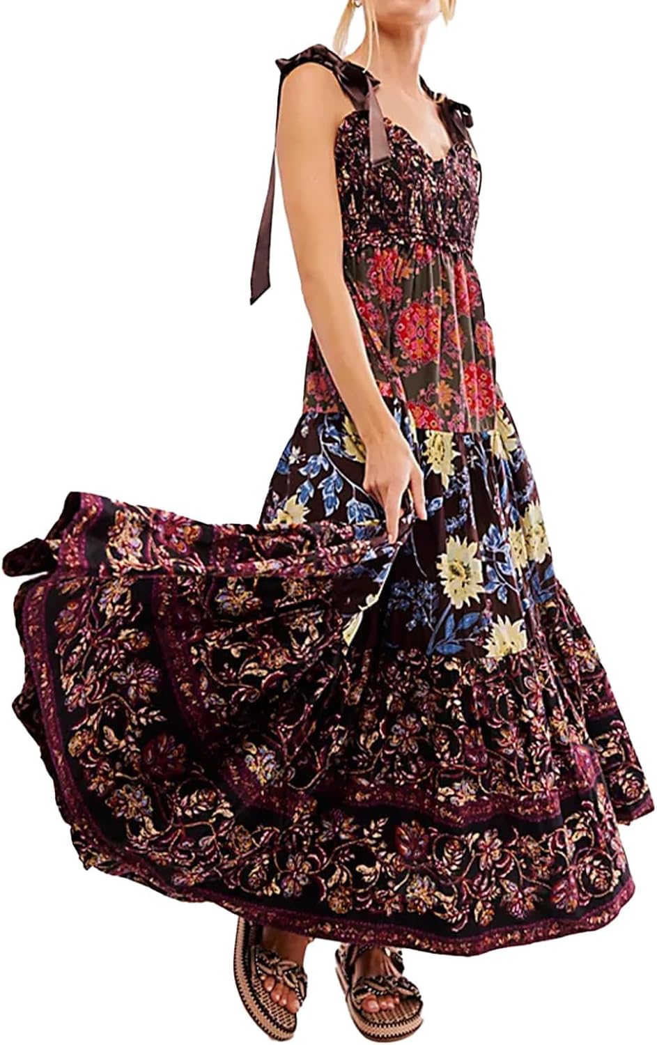 Women Floral Maxi Dress Tie Shoulder Patchwork Smocked Flowy Boho Dress with Pockets Summer Vacation Sundress