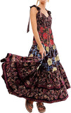 Women Floral Maxi Dress Tie Shoulder Patchwork Smocked Flowy Boho Dress with Pockets Summer Vacation Sundress