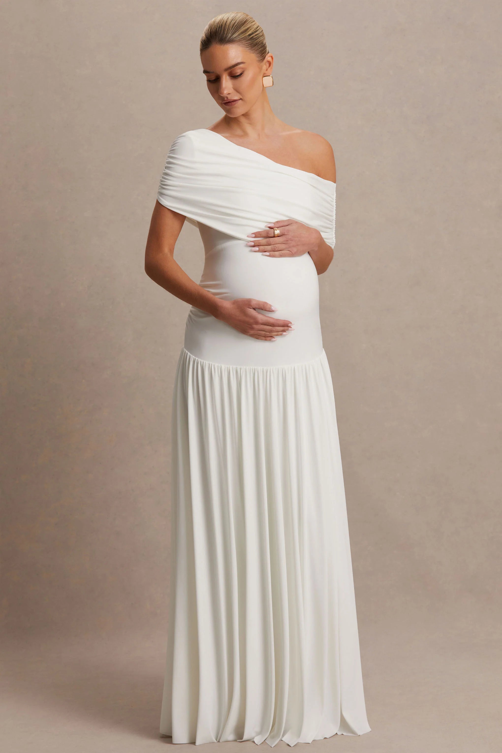 Noah White Asymmetric Neck Maternity Maxi Dress With Drop Waist